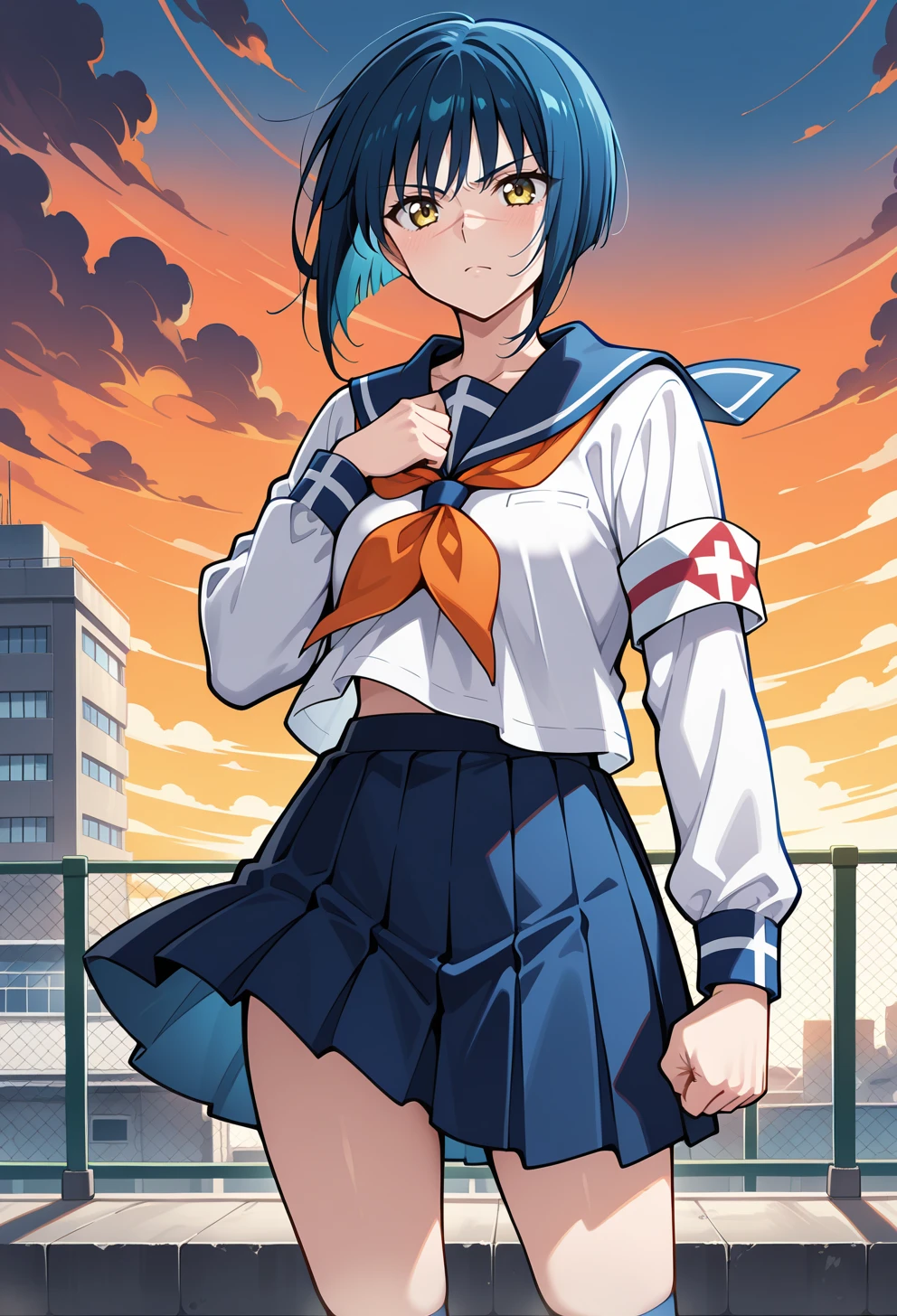 masterpiece, best quality, high quality, anime, solo,  <lora:AETOKIKOILLX:0.9> serious, cowboy shot, hand on own chest, orange sky, rooftop, clenched hand, 
AETokikoDef, yellow eyes, blue hair, bobcut, short hair, scar on nose,
School uniform, serafuku, orange neckerchief, armband, long sleeves, blue skirt, pleated skirt, blue socks, kneehighs, White footwear,