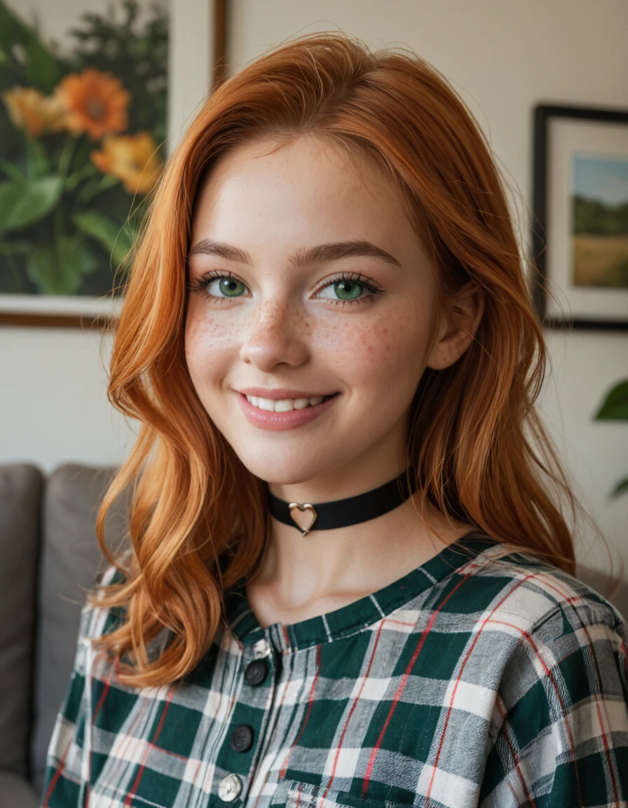 score_9, score_8_up, score_7_up, high detailed texture, photograph, realistic, upper body, close up, cute woman, beautiful, 20 years old, dreamy, green eyes, freckles, soft smile, shoulder length ginger hair at side, living room, flannel shirt, black choker