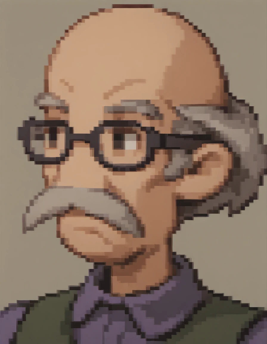 <lora:PonyXL_-_Final_Fantasy_Tactics_Portrait_Style:0.85> final_fantasy_tactics_portrait, pale orange background, no_nose, portrait,  <lora:Lou_Pickles_PONY:1> lou_pickles, old man, old, 1boy, solo, grey hair, bald, black eyes, glasses, black-framed eyewear, facial hair, mustache, purple shirt, shirt, collared shirt, vest, long sleeves, pants,