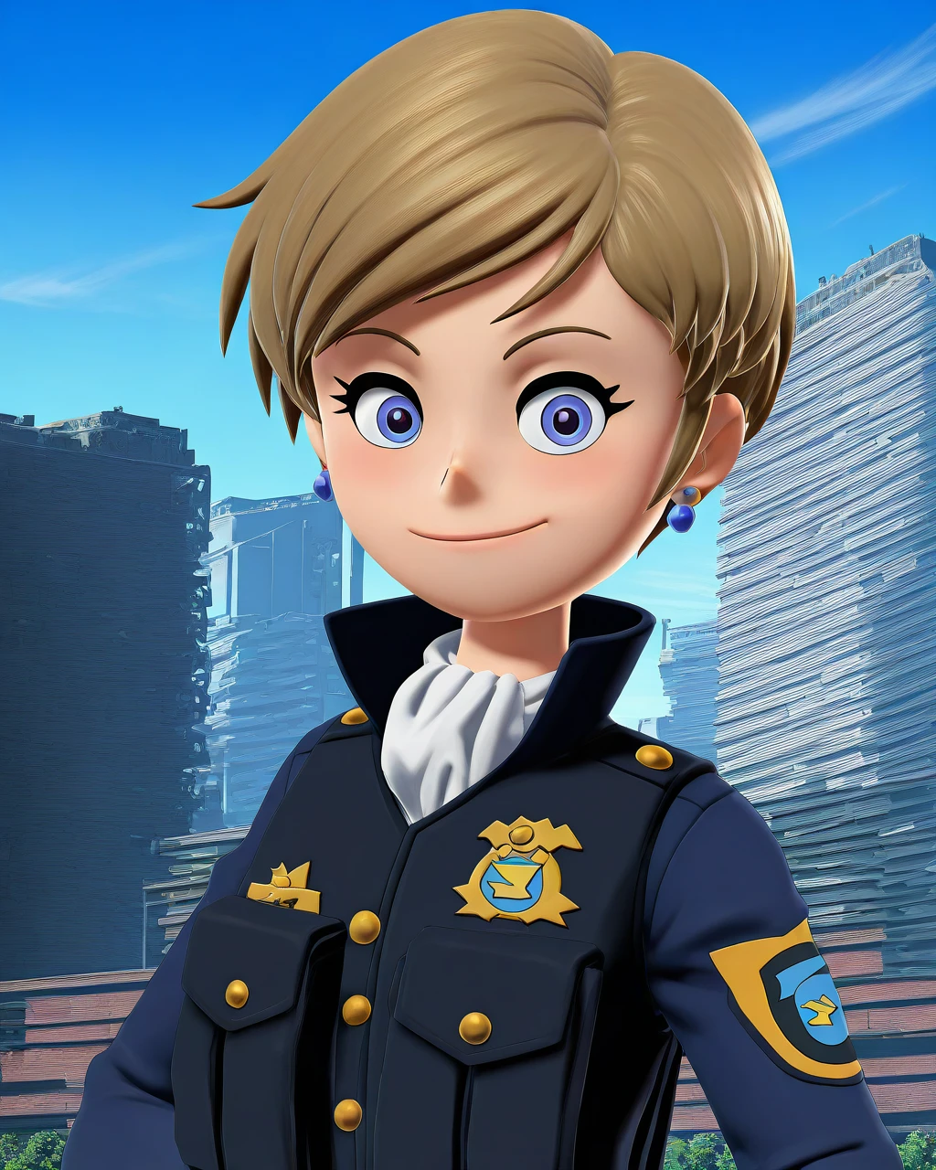 masterpiece, best quality, ninjala, 3d, 1girl, solo, sxtopaz, military uniform, smile, looking at viewer, city