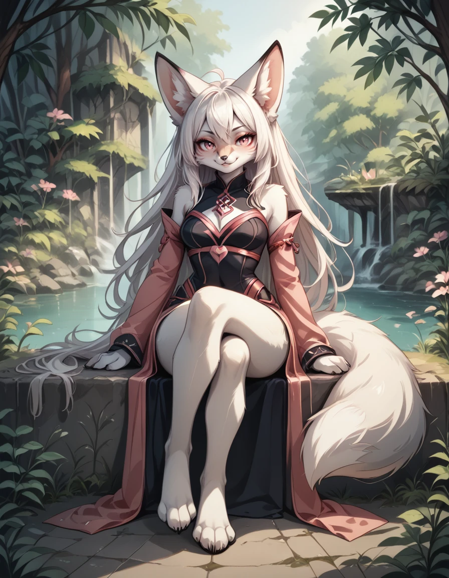 score_9,score_8_up,score_7_up,
outdoors,
full body,seductive smile,parted lips,long eyelashes,pose
<lora:Kytsune_v01_PDXL:1>,Kytsune,1girl,solo,furry female,fox girl,fox ears,animal ear fluff,fox tail,white hair,long hair,pink eyes,body fur,white fur,snout,animal nose,
<lora:add-detail-xl:1>,