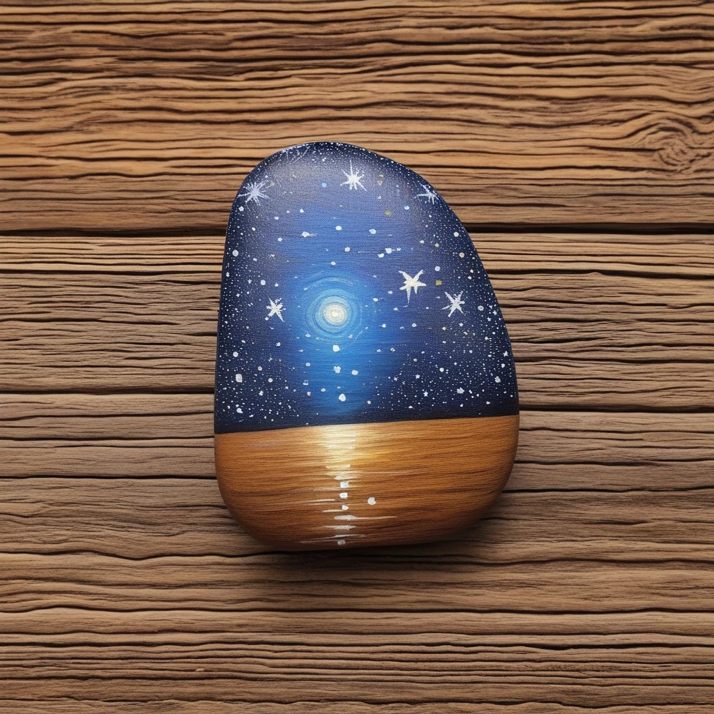 Happy stones. A painted pebble, painted like the night sky, with beautiful stars on it. Background is a wooden table