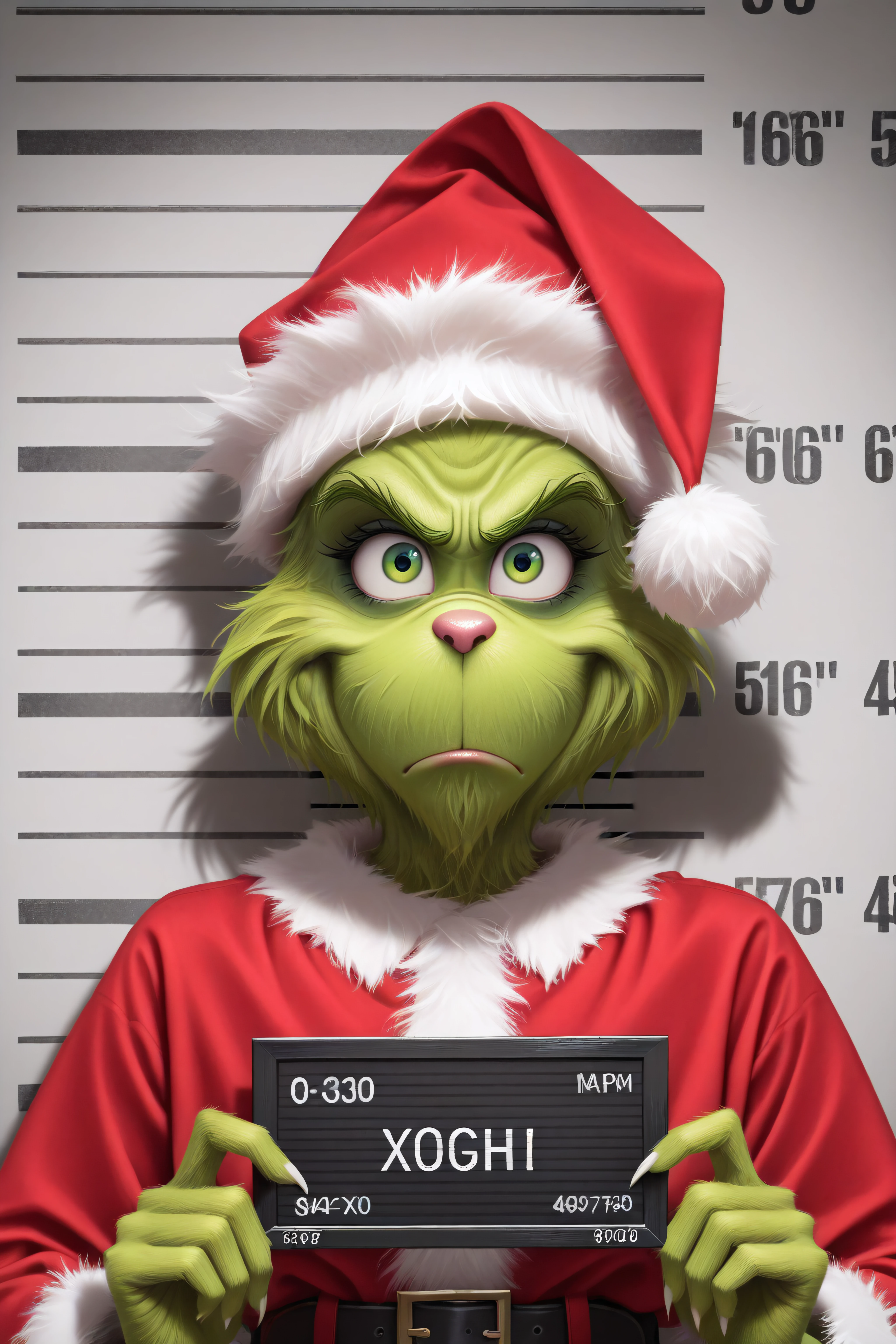 masterpiece, best quality, <lora:The Grinch v1.5-Illustrious-lora-Faxtron:1> the grinch, green eyes, santa hat, santa costume, belt, <lora:barbie-mugshot-ponyxl-lora-nochekaiser:1> barbie mugshot, barbie mugshot (meme) height mark, holding sign, nameplate, height chart, sign, meme,,