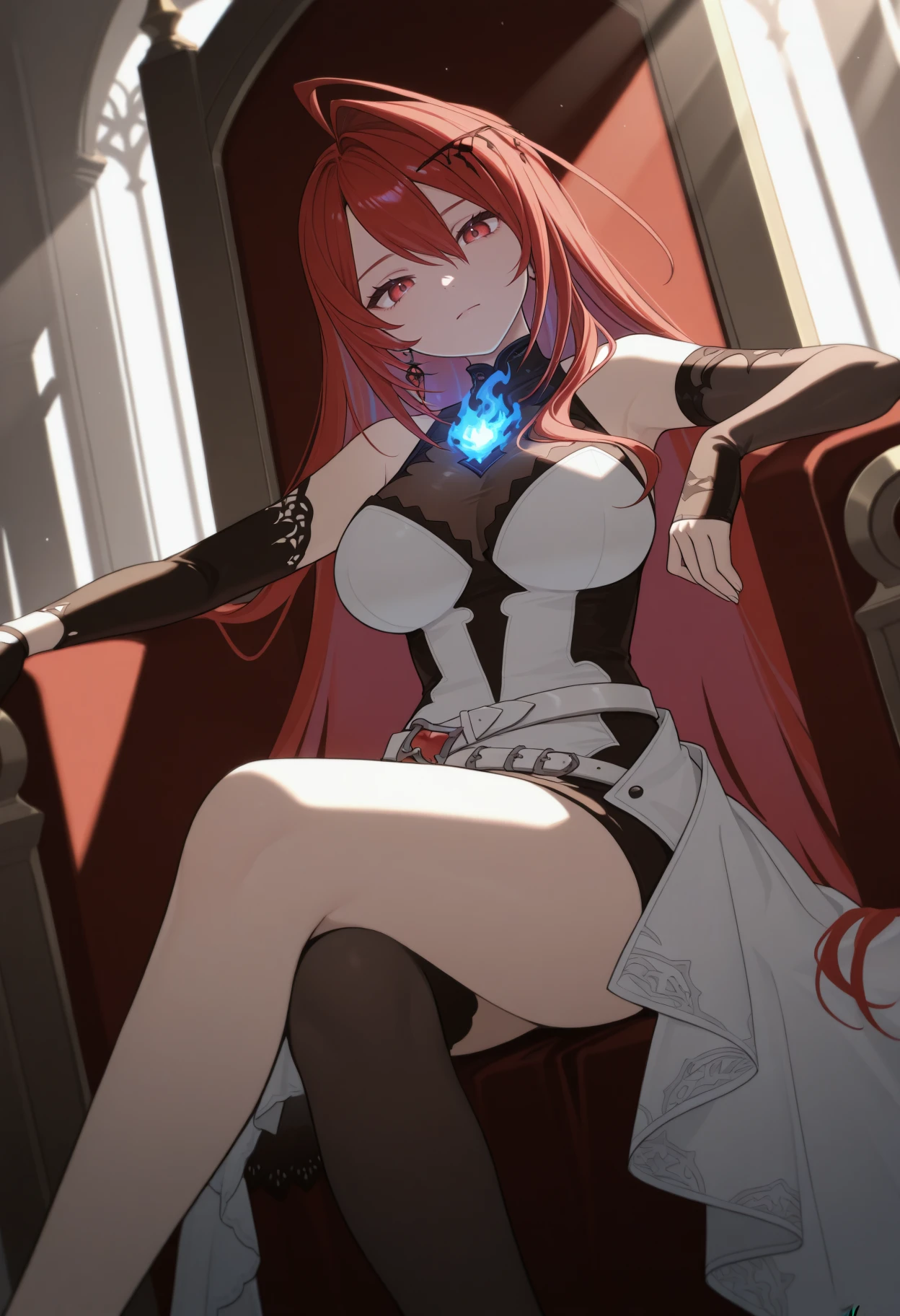 masterpiece, best quality, 1girl, solo, ElizabethRB, red eyes, red hair, colored inner hair, long hair, huge ahoge, hair ornament, earrings, sleeveless dress, white dress, asymmetrical dress, see-through cleavage, white belt, blue fire, fire on chest, single detached sleeve, black sleeve, black glove, single glove, white thighhighs, single thighhigh, indoors, palace, sitting, on throne, crossed legs, arm rest, head tilt, looking at viewer, expressionless, dutch angle, wide shot, sidelighting, sunbeam, shadow, shade, <lora:ChamElizabethRoseBloodflameIllustriousXL:1>