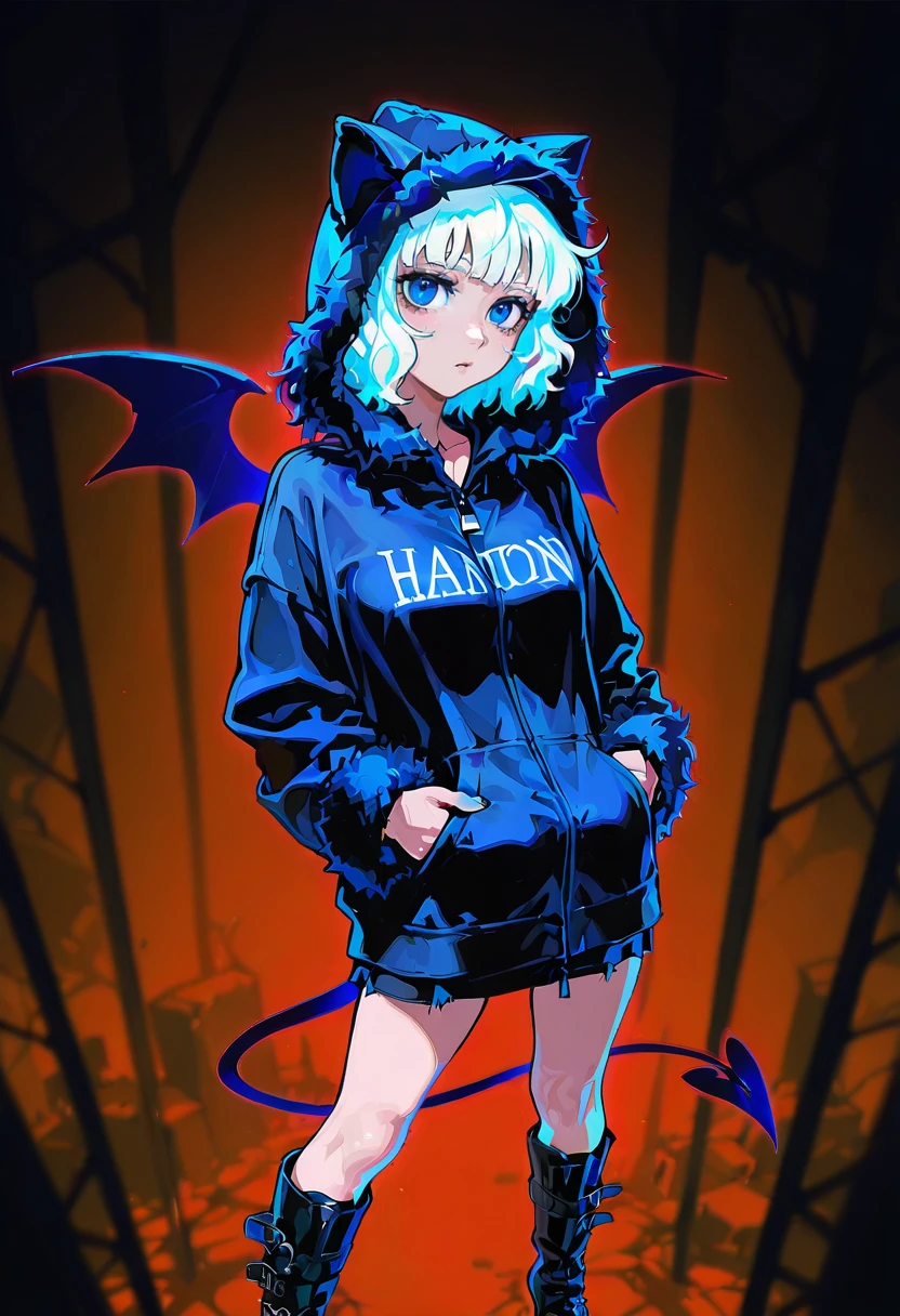 1girl,solo,looking at viewer,ikeda ruriko,y2k demon hoodie, hands in pockets, hood, boots, fur trim, jacket, animal hood, wings, demon tail,  modeus_(helltaker)