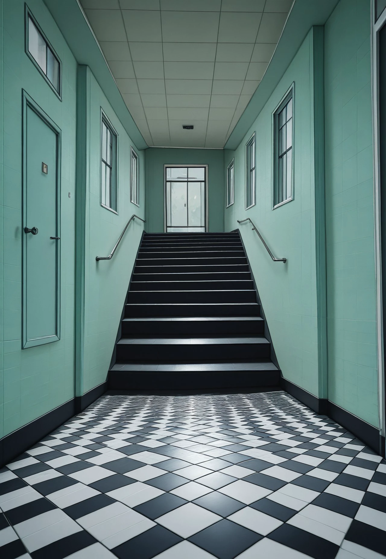masterpiece, newest, absurdres, best quality, Versabg, door, no humans, scenery, hallway, indoors, tile floor, stairs, window, tiles, shadow, checkered floor