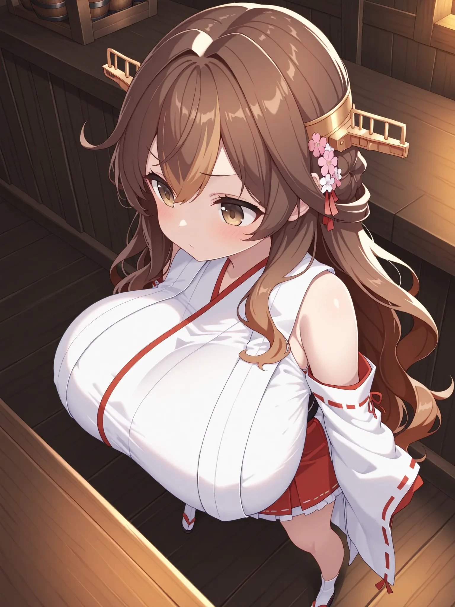 (masterpiece, best quality, high quality, good quality:1.2), tagu, atmospheric perspective, tavern, three quarter view, (1girl:1.2),
dyed bangs ,very long hair ,wavy hair , brown hair, (breast expansionlarge breasts, shortstack:1.2), legs apart, (nontraditional miko , kanzashi :1.2) , <lora:tagu_c0032:1.2>