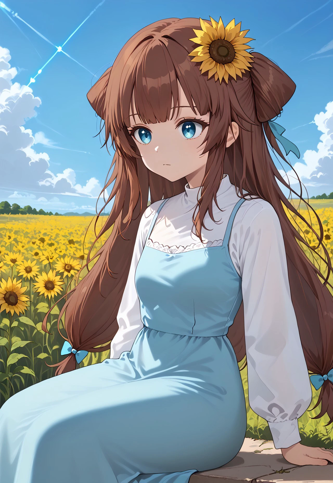 1girl, solo, solo focus, highres, absurdres, RemiSprings, hair flower, sunflower hair ornament, brown hair, long hair, bangs, blue eyes, blue dress, white shirt, hair bow, blue bow, bangs, long dress, long sleeves,
looking afar, sitting, from side,
day, blue sky, cloud, sunflower field, neon lights, shade,
