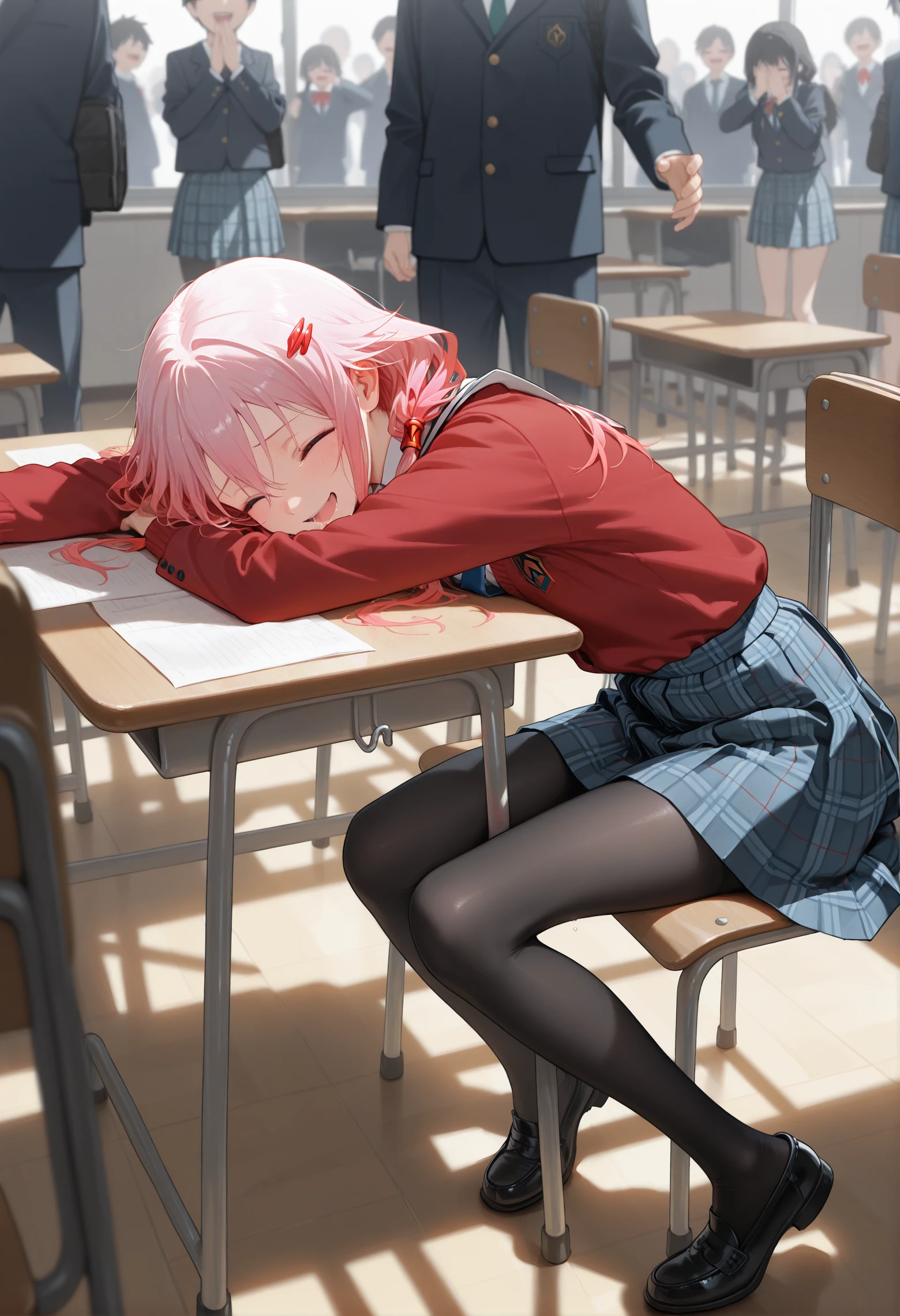 masterpiece,best quality,amazing quality,very aesthetic,absurdres,newest,
Yuzuriha Inori,1girl,classroom,lying on the table,head tilted,school uniform,plaid skirt,black_pantyhose,sit on a chair,face on the table,eyes closed,saliva flowing on the table,crowds,laughing,