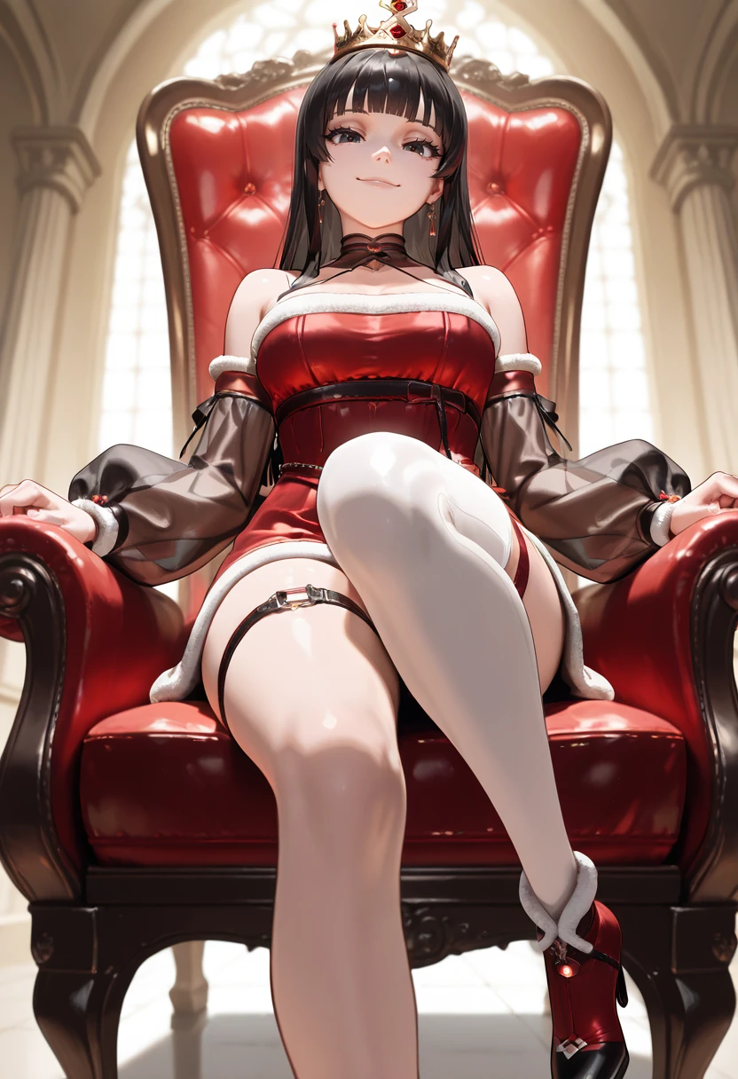 masterpiece,best quality,amazing quality,very aesthetic,absurdres,newest,scenery,
1girl, s4nt4, red dress, detached sleeves, thigh strap, white thighhigh, single thighhigh, red heels, breasts, black hair, blunt bangs,
cute innocent girl, slender body, thick eyelashes, perfect eyes,  seductive smile, 
Seated on a velvet throne, she dons a regal crown, exuding elegance and quiet power
 <lora:SantaEve IL v7:0.85>