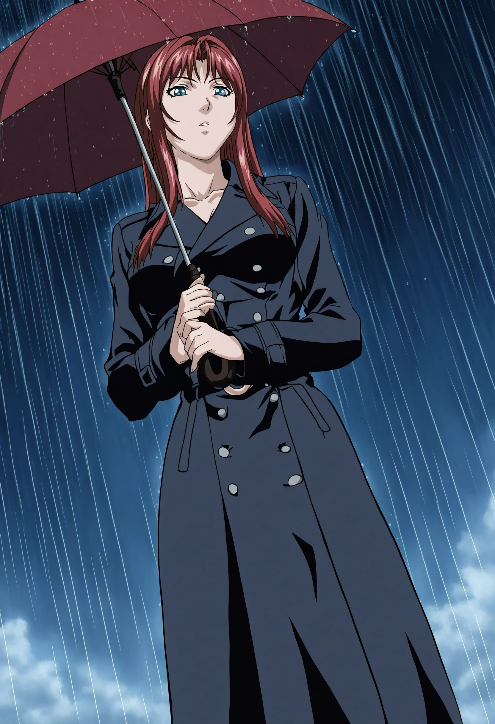 <lora:Bible Black - [Style] - illustriousXL v1:1>, sysdeep_bbstyle, 1girl, solo, long trench coat, standing, in the rain, holding an umbrella, looking down, somber expression