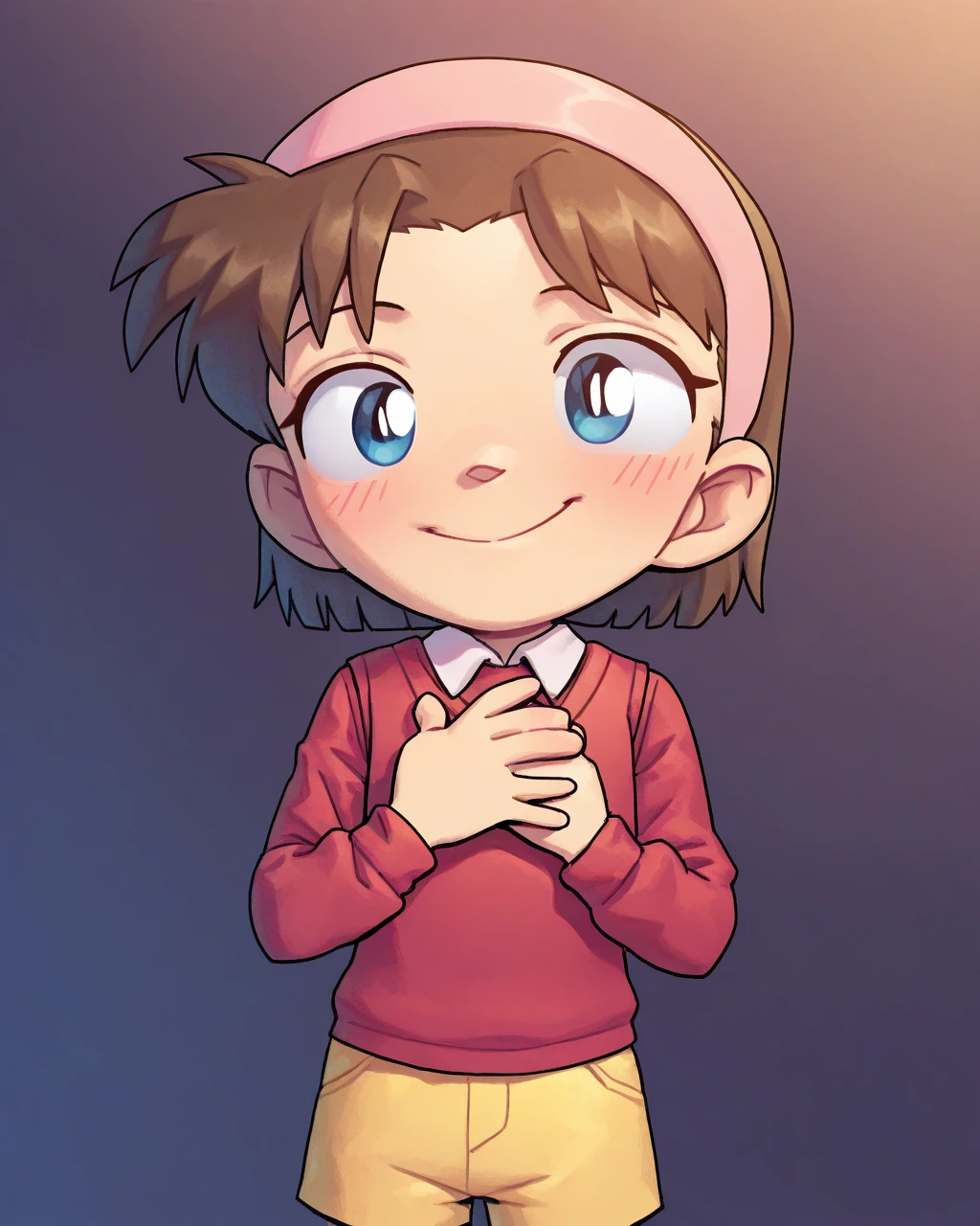 masterpiece, best quality, evnstnly, female , 1girl, solo, ayumi, pink hairband, red sweater vest, collared vest, yellow shorts, smile, hands on own chest, hands together, library
