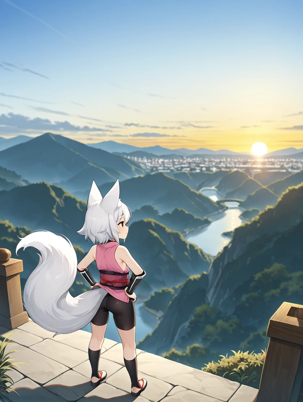 1girl, Kitsu, white hair, short hair, hair fox ears, red eyes, 2 fox tail, two-tailed, black shorts, bike shorts, pink gi, sleeveless, armguards,

from behind, hands on hips, looking at scenery, sunset,

masterpiece, best quality,amazing quality, very aesthetic, absurdres, depth of field, blurry background, extremely detailed face, detailed eyes