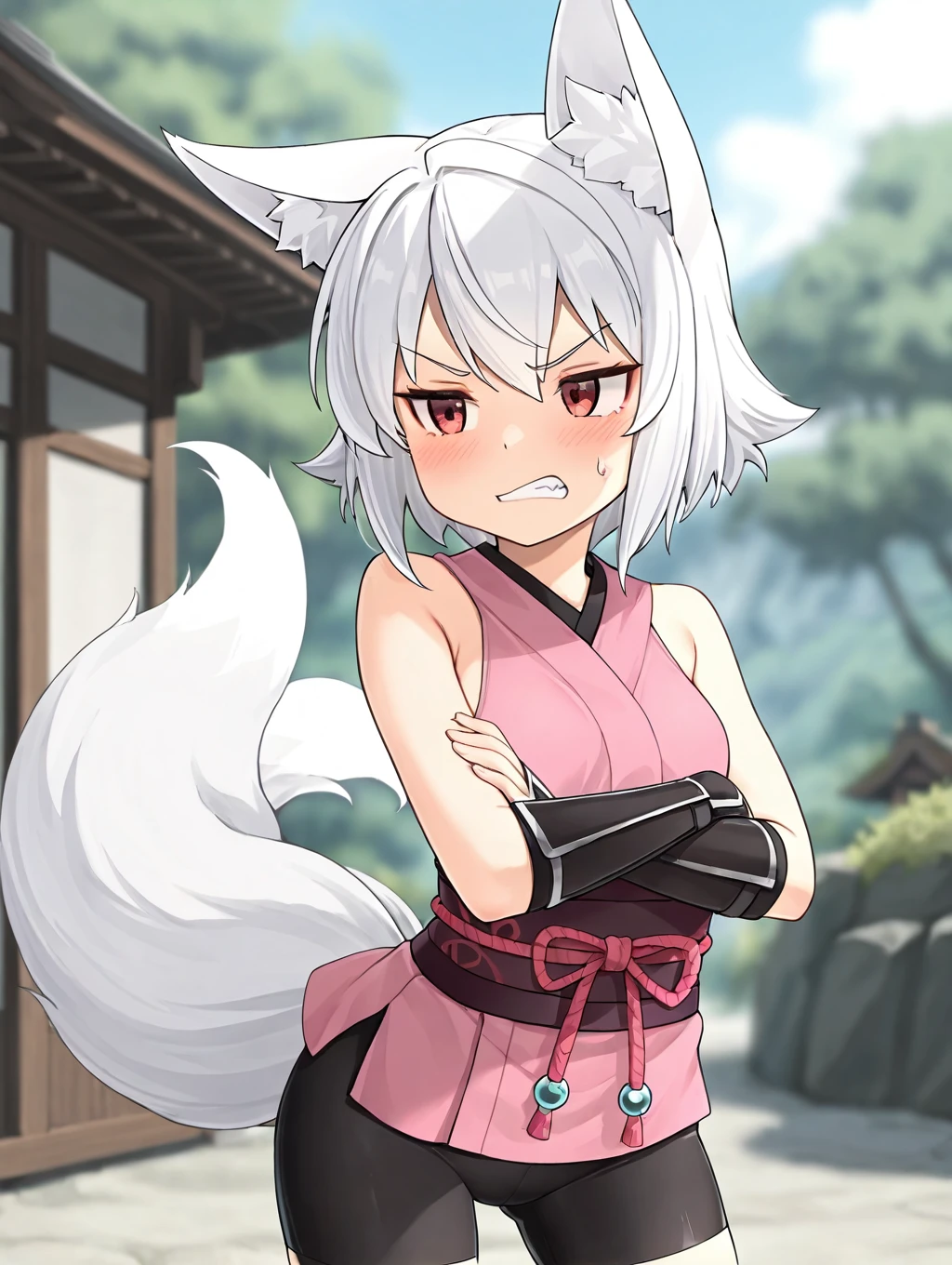 1girl, Kitsu, white hair, short hair, hair fox ears, red eyes, 2 fox tail, black shorts, bike shorts, pink gi, sleeveless, armguards,

angry, crossed arms,

masterpiece, best quality,amazing quality, very aesthetic, absurdres, depth of field, blurry background, extremely detailed face, detailed eyes