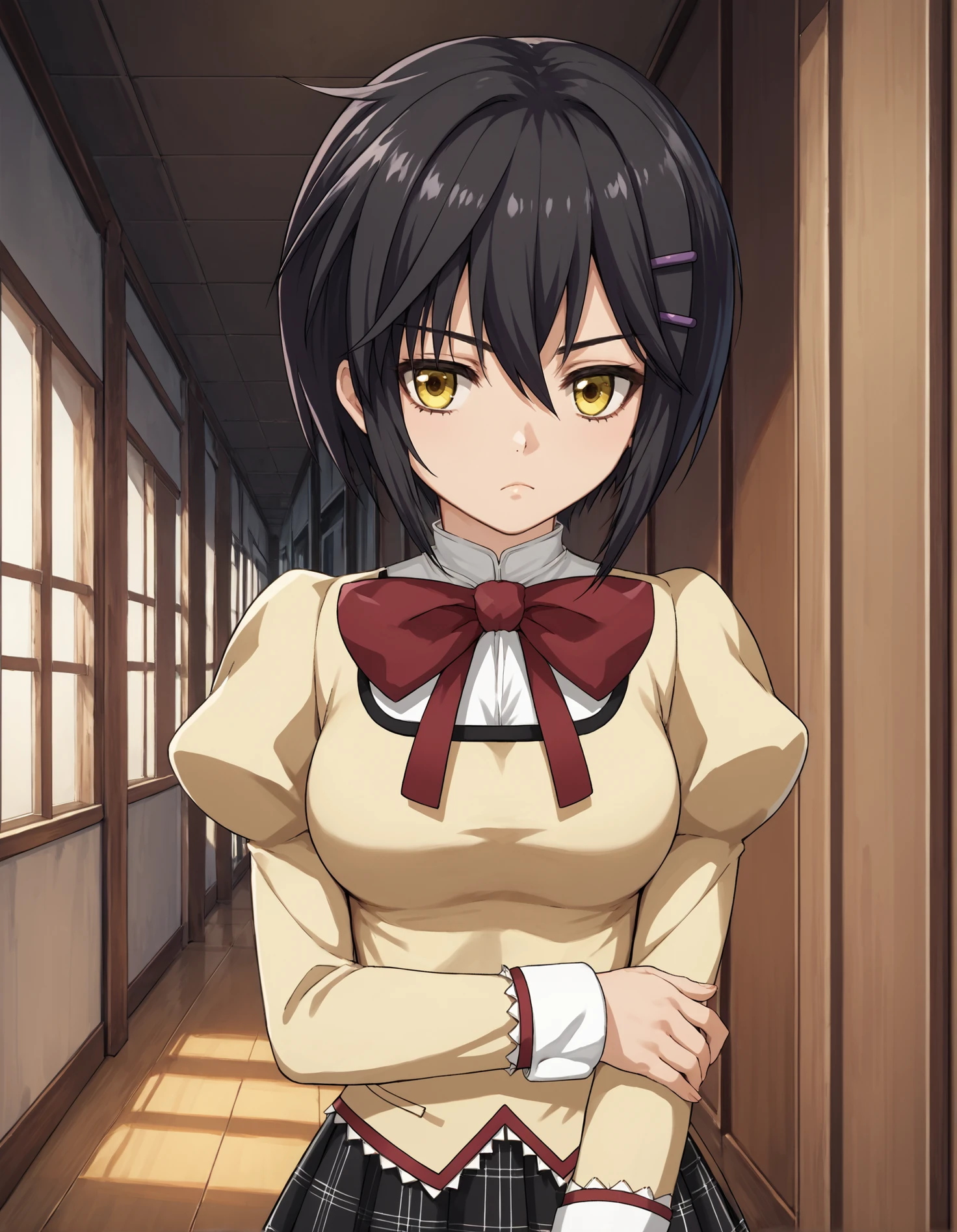 score_9, score_8_up, source_anime, 1girl, upper body, medium shot, detailed, pmmmkurekirika, standing, black hair, yellow eyes, purple hairpin, white shirt, red bowtie, yellow sweater with square cutout, juliet sleeves, white cuffs, black plaid skirt, corridor, day, hands crossed, (bored:0.85), (side view:0.7), <lora:pmmmkurekirika_XL:0.9>