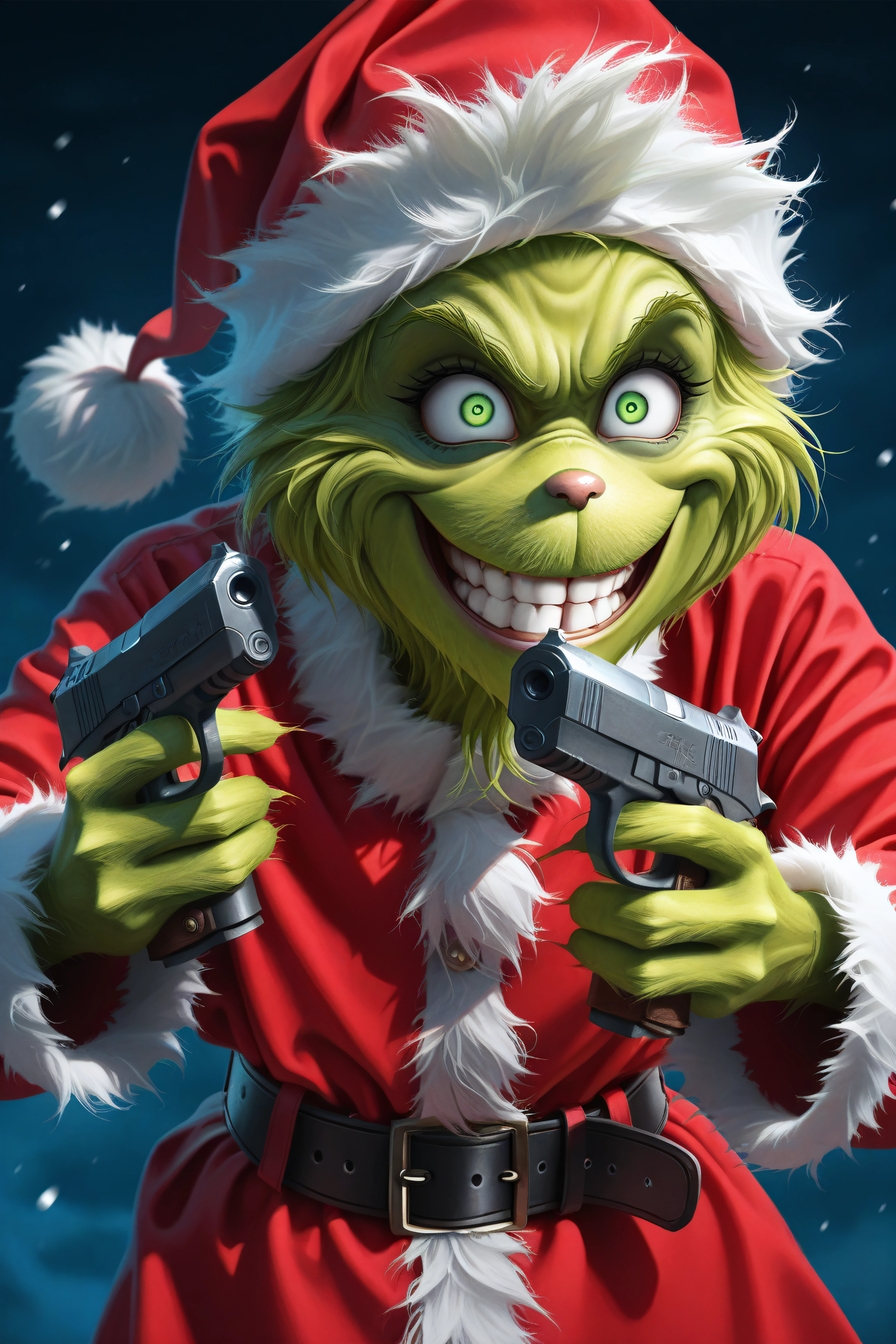 masterpiece, best quality, <lora:The Grinch v1.5-Illustrious-lora-Faxtron:1> the grinch, green eyes, santa hat, santa costume, belt,  <lora:DanielRadcliffeHoldingTwoGunsMeme_pdxl_Incrs_v1:1> handgun, holding gun, holding weapon, dual wielding, finger on trigger, smile, grin, crazy eyes,