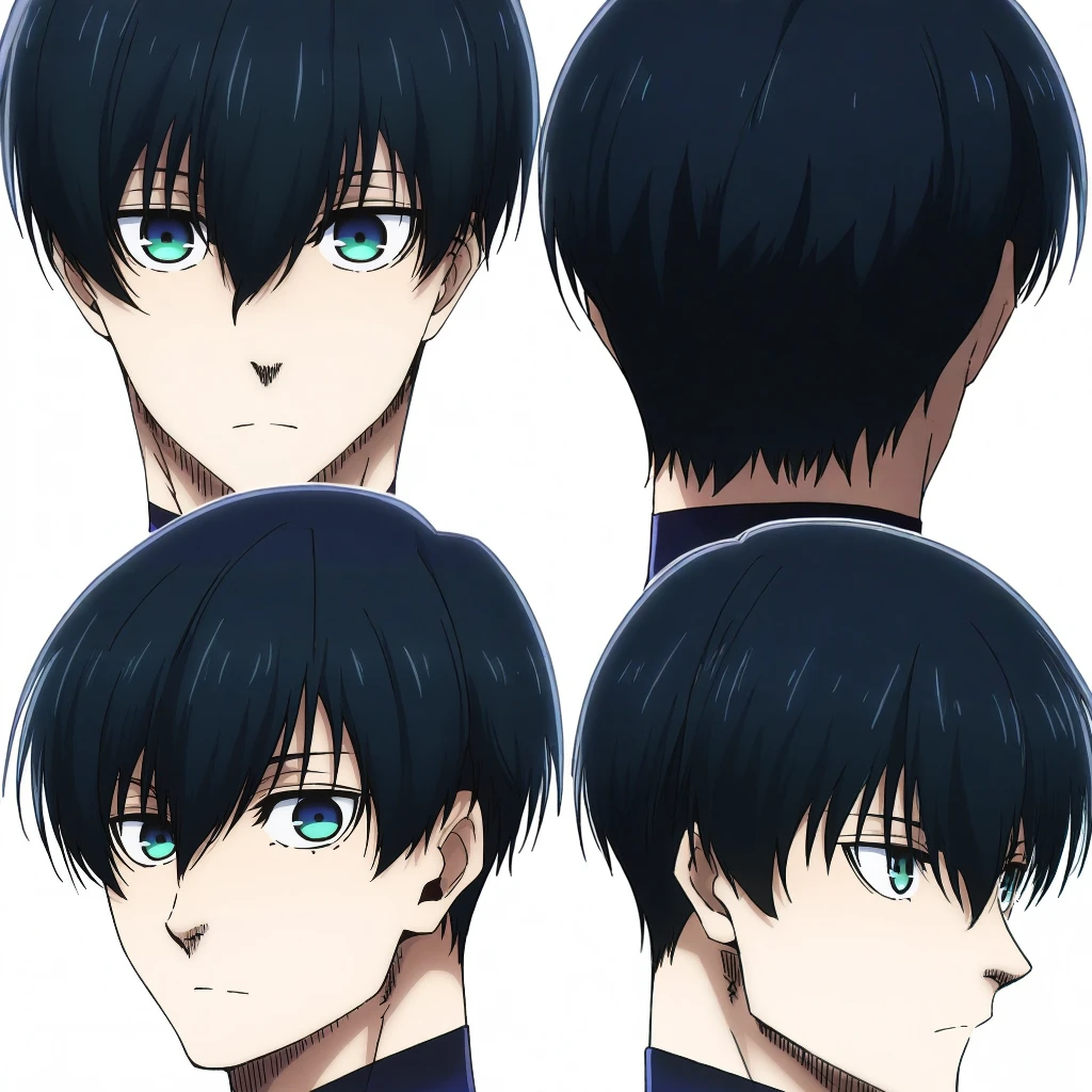 score_9, score_8_up, score_7_up, source_anime, highres, (masterpiece, best quality,cinematic lighting, (anime, anime coloring:1.3),1boy,solo,male focus,looking at viewer,itoshi rin,black hair,green eyes,short hair,hair between eyes,multiple views,reference sheet,simple background,white background,front view,from behind,from side,outline,isagi yoichi,blue eyes