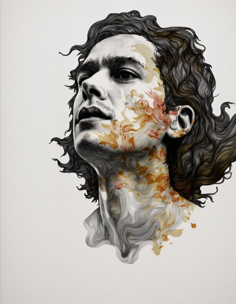 Gabriel Moreno art.
This image is a highly detailed, surreal digital painting that features a close-up portrait of a man with a hauntingly serene expression. The artwork is rendered in a meticulous, watercolor-like style with soft, flowing lines and a blend of earthy tones. The subject's face is a study in serene, almost ethereal beauty, with closed eyes and a gentle, contemplative expression. <lora:Dorota_Pietrowiak:1> <lora:Gabriel_Moreno:1>