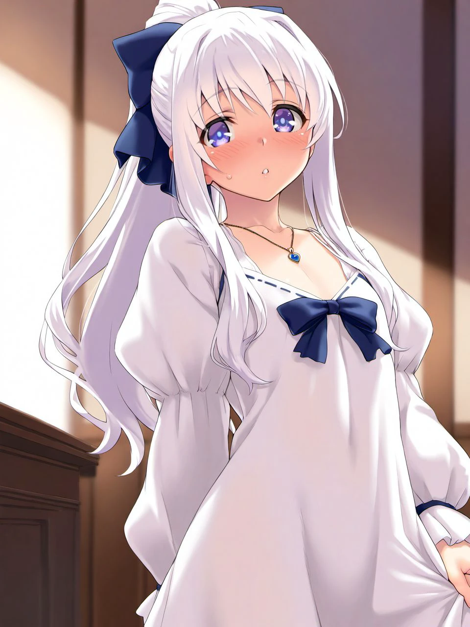 masterpiece, best quality, amazing quality, very aesthetic, high resolution,
manshiro, white hair, violet eyes, otoko no ko, solo, white dress, long hair, ponytail, dress grab, puffy long sleeves, blue bows, jewelry, necklace,
<lora:Ma(n)shiro Blan de Windbloom (male)_epoch_7:0.9>,