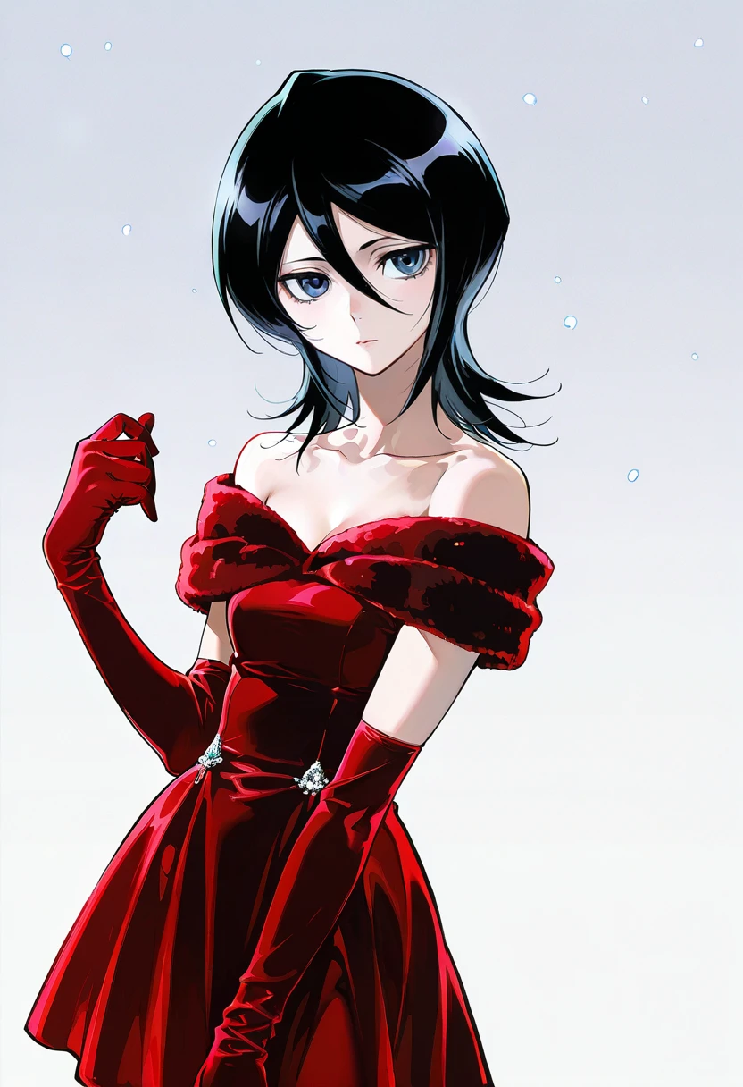 1girl,solo,looking at viewer,ikeda ruriko,velvet dress, elbow gloves, bare shoulders, red dress, red gloves, kuchiki_rukia, snow