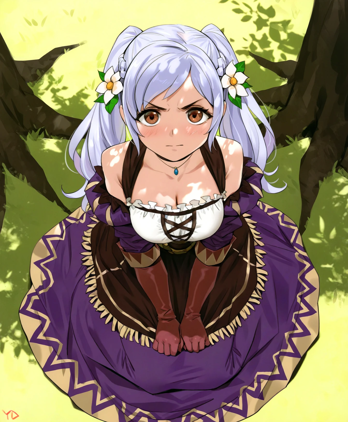 yd \(orange maru\),
sfw, 1girl, solo, clothed,
robin \(female\) \(valentine\) \(fire emblem\), fire emblem, medium breasts, white hair, grey hair, blue hair, long hair, twintails, hair ornament, hair flower, brown eyes,
v-shaped eyebrows,
BREAK,
from above,
full body,
detailed background,
masterpiece, best quality, absurdres