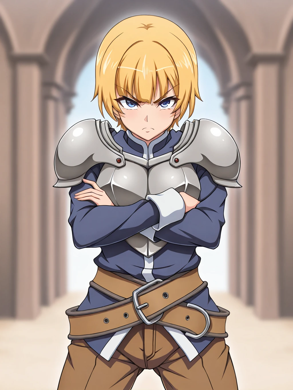 1girl, Sara, blonde hair, short hair, blue eyes, standing, armor, chestplate, pauldrons, blue shirt, long sleeves, belt, brown pants,

looking at viewer, ((dynamic pose)), crossed arms, angry, 

masterpiece, best quality,amazing quality, very aesthetic, absurdres, depth of field, blurry background, extremely detailed face, detailed eyes