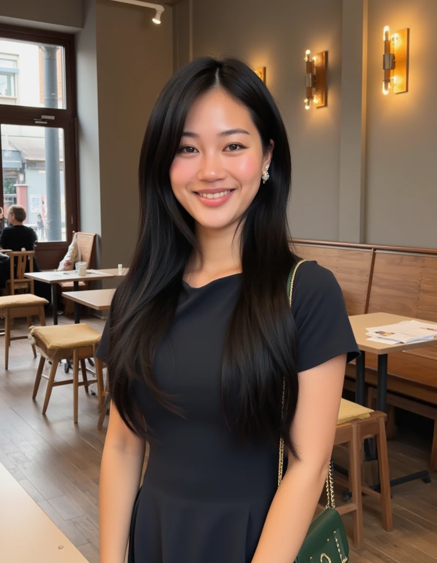 <lora:Jihoon_Kim_Flux:1> beautiful detailed photograph,  long straight black hair cascading over her shoulders,  wearing a boatneck dress, standing in a cafe, looking at the viewer, smile