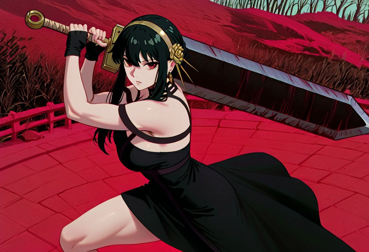 masterpiece, best quality, newest, absurdres, highres, 1girl, yor_briar, spy_x_family, 1girl, black_hair, red_eyes, black dress, fight stance, DragonSlayerSword-Il.V1.0, wielding-dragonslayer, huge weapon, sword, holding sword, holding weapon,