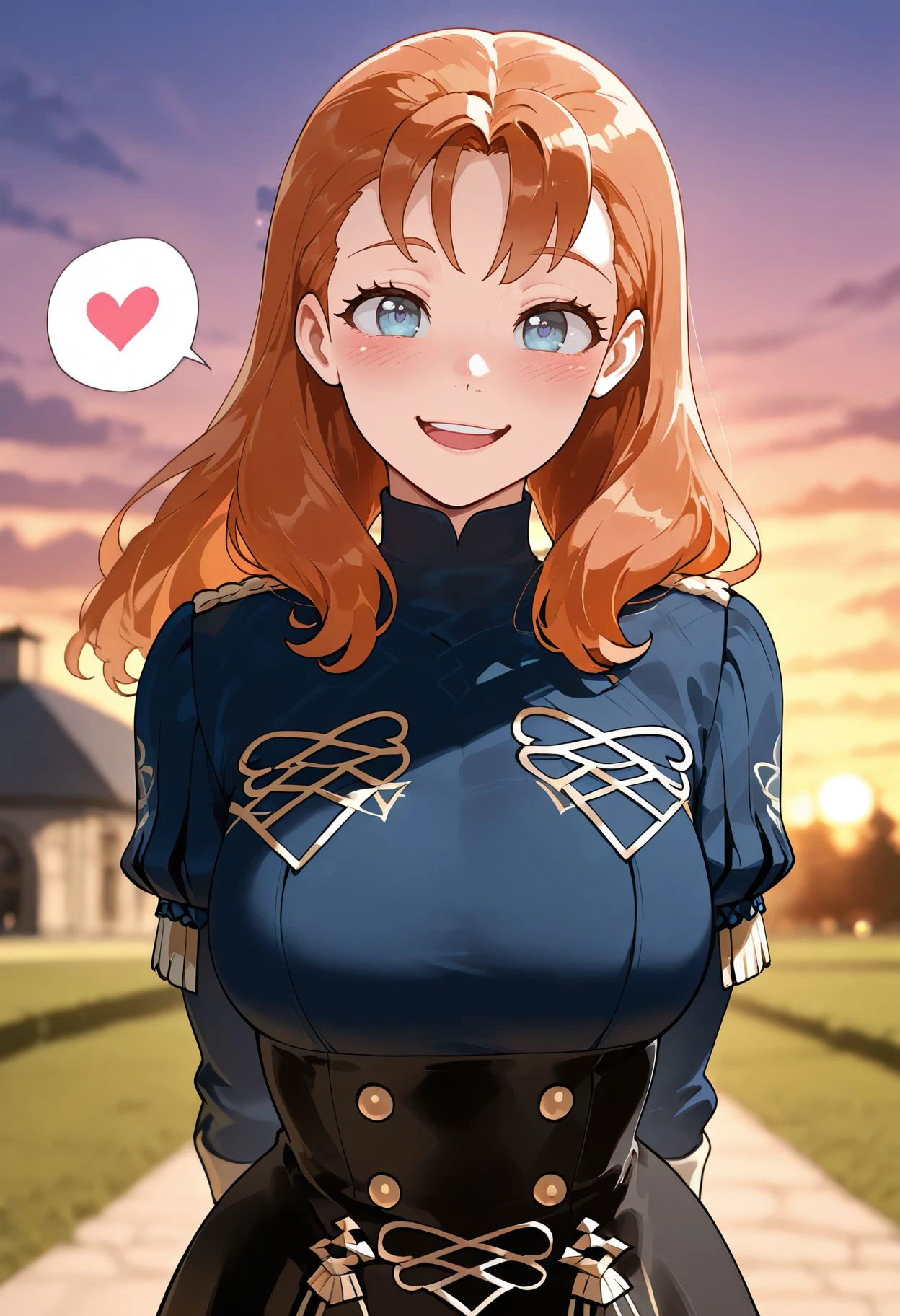 masterpiece,best quality,amazing quality, <lora:nyantcha_style_illustrious_goofy:1> 1girl, annette fantine dominic, orange hair, spoken heart, blue eyes, arms behind back, long hair, open mouth, smile, upper body, dress, breasts, blurry background, looking at viewer, upper teeth only, sunset, blush, blue sweater, sky, outdoors, garreg mach monastery uniform, cloud,depth of field, bokeh,