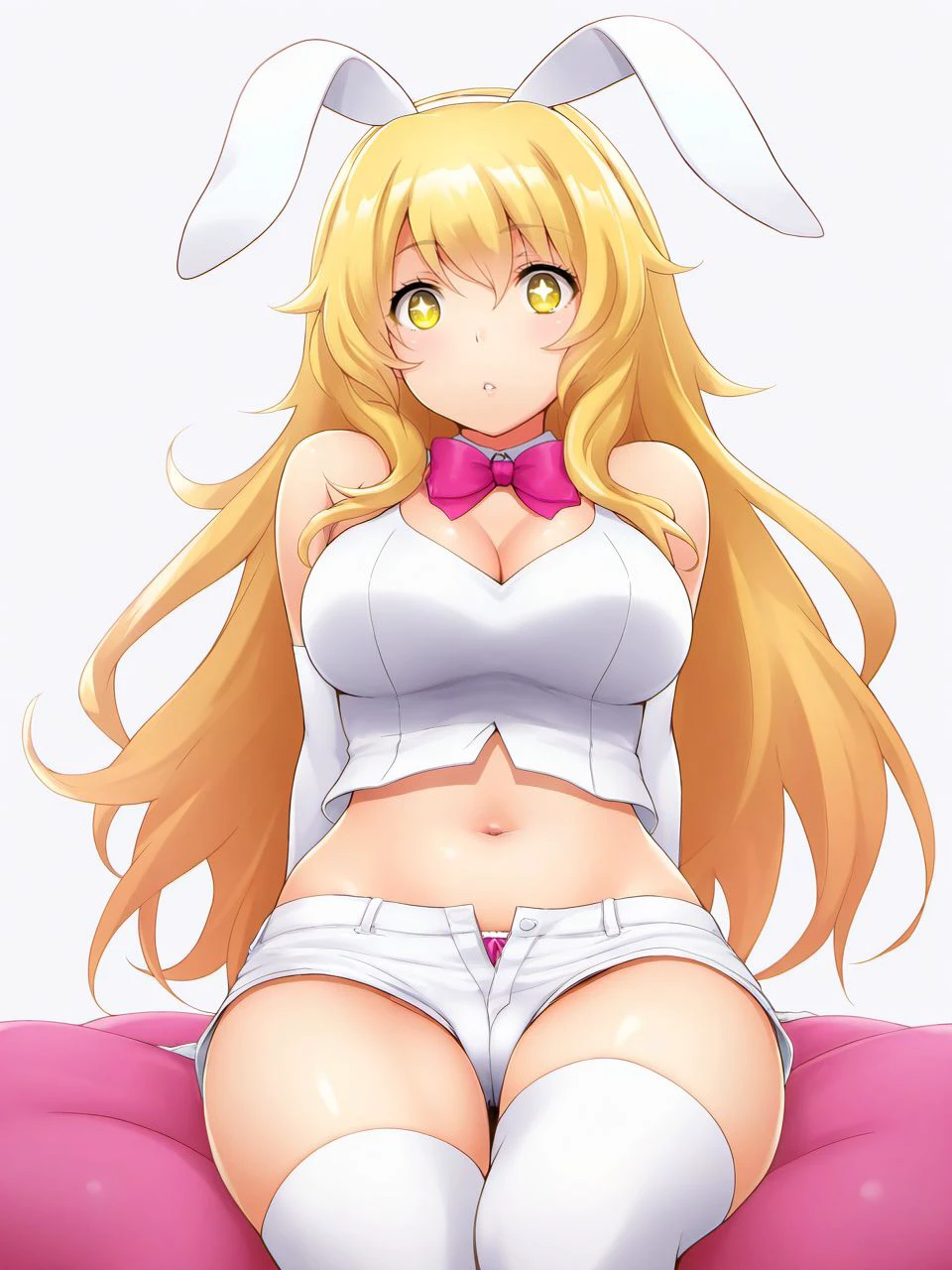 masterpiece, best quality, amazing quality, very aesthetic, high resolution,
ha1ru, 1girl, blonde hair, gloves, long hair, solo, animal ears, rabbit ears, white gloves, thighhighs, breasts, shorts, navel, white thighhighs, yellow eyes, white background, elbow gloves, looking at viewer, fake animal ears, sitting, tail, underwear, white shorts, midriff, short shorts, bow, large breasts, bowtie, panties, + +, symbol-shaped pupils,
<lora:hairu_style_v2_epoch_7:0.9>,