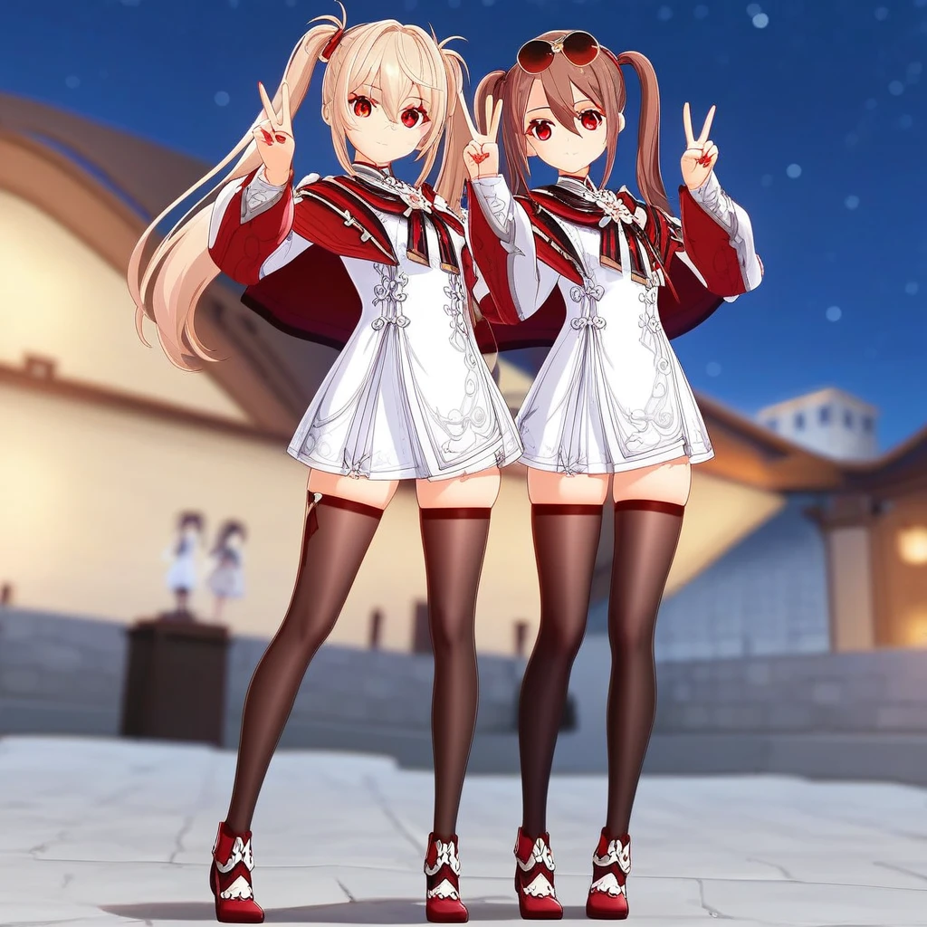 official art, brown thighhighs, black thighhighs, night, hair between eyes, blurry background, sky, cowboy shot, looking at viewer, full body, thighs, red nails, architecture, twintails, night sky, jewelry, red footwear, white dress, alternate costume, standing, sunglasses, white background, red eyes, 2girls, double v, v, cropped legs, from behind, booru