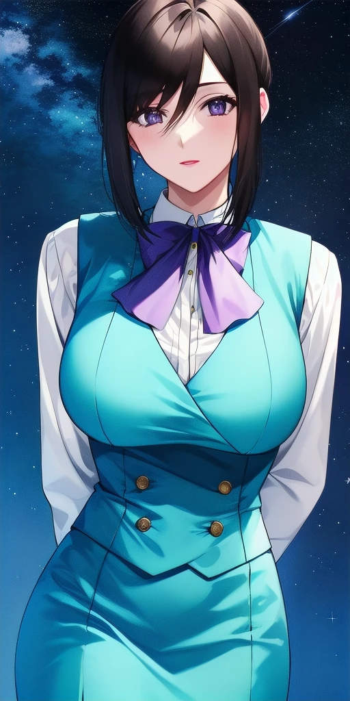 <lora:LinnaYamazakiV2:0.7> linna_yamazaki, huge_breasts, standing, solo, starry_sky, arms_behind_back, white_collared_shirt_purple_ascot_aqua_pencil_skirt_aqua_vest, masterpiece, best_quality, detailed_face, detailed_eyes, highres, beautiful, detailed, absurdres,