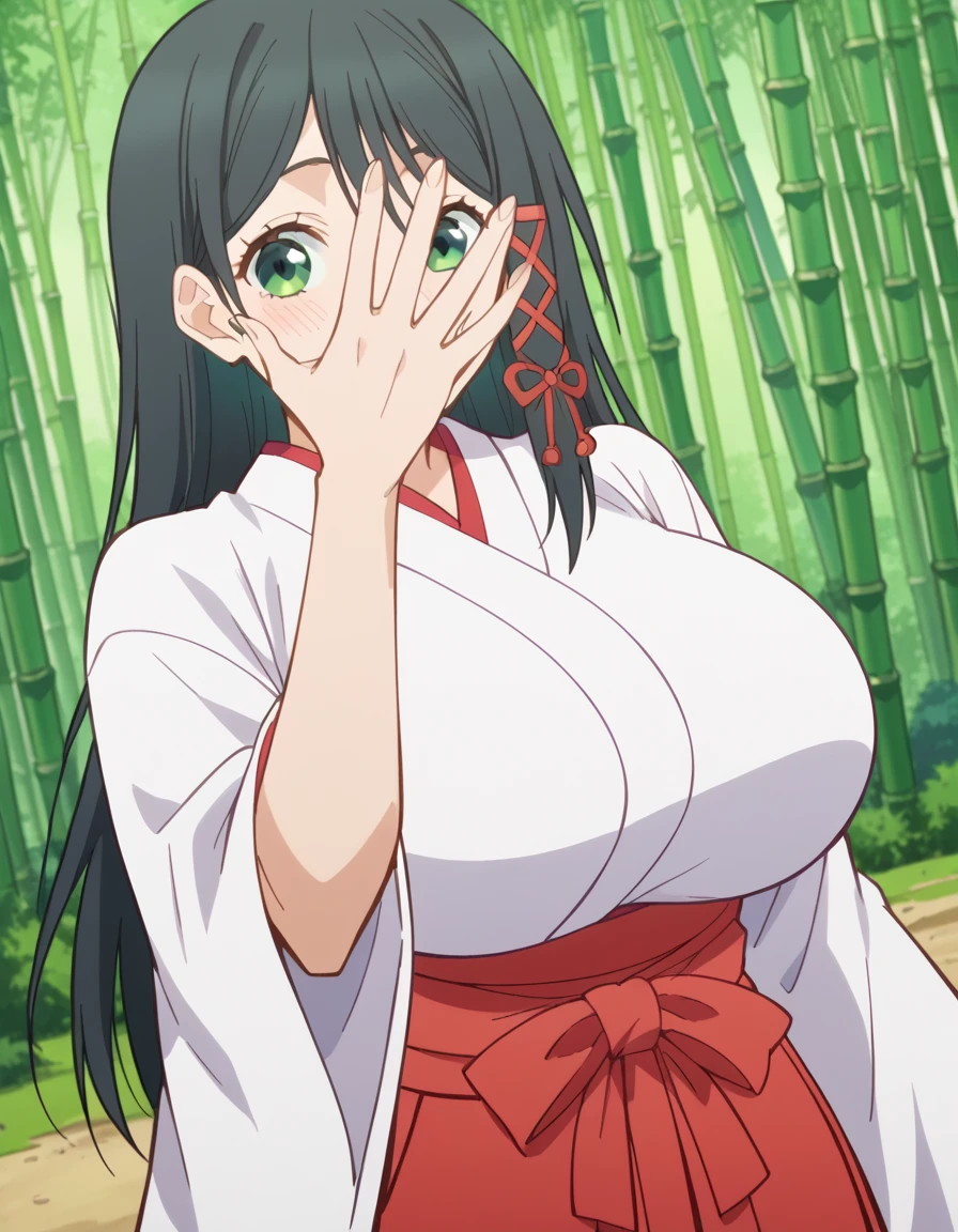 score_9, score_8_up, score_7_up, source_anime, <lora:yae-amagami-s1-ponyxl-lora-nochekaiser:1>, yae amagami, long hair, bangs, huge breasts, black hair, ribbon, green eyes, hair ribbon, anime screencap,, skirt, long sleeves, japanese clothes, wide sleeves, kimono, hakama, hakama skirt, white kimono, miko, red hakama,, bamboo forest, bamboo, trees, dense, wildlife, , <lora:jonathan-joestar-pose-ponyxl-lora-nochekaiser:1>, jonathan joestar pose, jonathan joestar's pose (jojo), jojo pose, covering face, blush, smile, bed room,, looking at viewer, solo,, dutch angle, cowboy shot