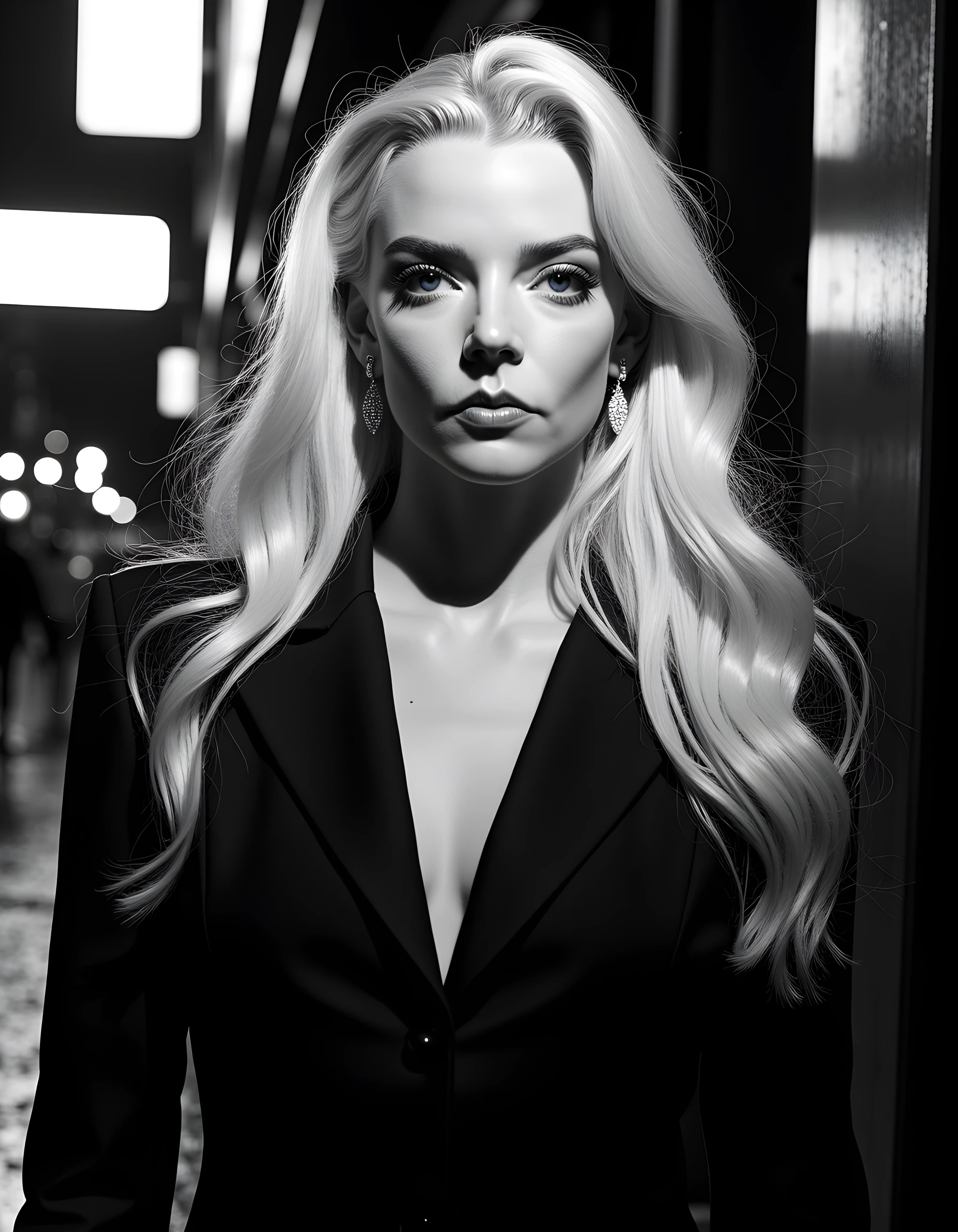 In a captivating, high-contrast noir style reminiscent of film noir classics, the striking, blonde beauty ANY4TJ poses in an enigmatic portrait. Her long, cascading platinum hair is artfully disheveled, framing her intensely expressive blue eyes that seem to pierce through the darkness. The high-key lighting casts a dramatic chiaroscuro effect, illuminating her flawless, smoky-eyed makeup and delicate diamond earrings that shimmer like moonlight on water. Set against an urban backdrop of rain-drenched neon signs and shadows, she stands with a defiant, confident posture, her gaze locked onto the viewer from the foreground, as if challenging them to unravel her enigma in this mesmerizing, black-and-white tableau.