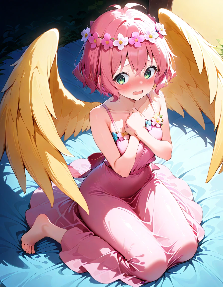 <lora:Pharpy_SDXL_Illustrious01_fp16_ver01:1>,Pharpy,1girl,green eyes, pink hair, short hair,head wreath,pink dress,bare shoulders,yellow wings,barefoot,embarrassed, <lora:HairintakesEraser_v01_illustrious_10steps:2>, masterpiece, best quality, very aesthetic, absurdres,<lora:detailed_hands:1>,hand