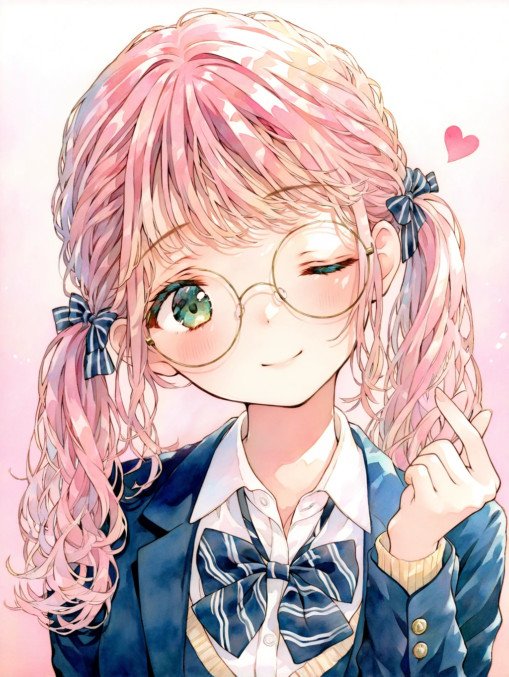 masterpiece,best quality,1girl,solo,absurdres,
 1girl, blue jacket, bow, bowtie, closed mouth, collared shirt, diagonal-striped bow, diagonal-striped bowtie, diagonal-striped clothes, finger heart, glasses, gradient background, green eyes, head tilt, heart, jacket, official alternate costume, one eye closed, pink background, pink hair, portrait, school uniform, shirt, smile, solo, striped clothes, white shirt,Twin ponytails
masterpiece,best quality,good quality,newest,year 2024,year 2023,very aesthetic,absurdres,Visual impact,A shot with tension,ultra-high resolution,32K UHD,sharp focus,best-quality,masterpiece,Emotionalization,unconventional supreme masterpiece,masterful details,temperate atmosphere,with a high-end texture,in the style of fashion photography,(Visual impact:1.2),impactful picture,offcial art,colorful,movie perspective,
<lora:yzl-illV1:0.8>,