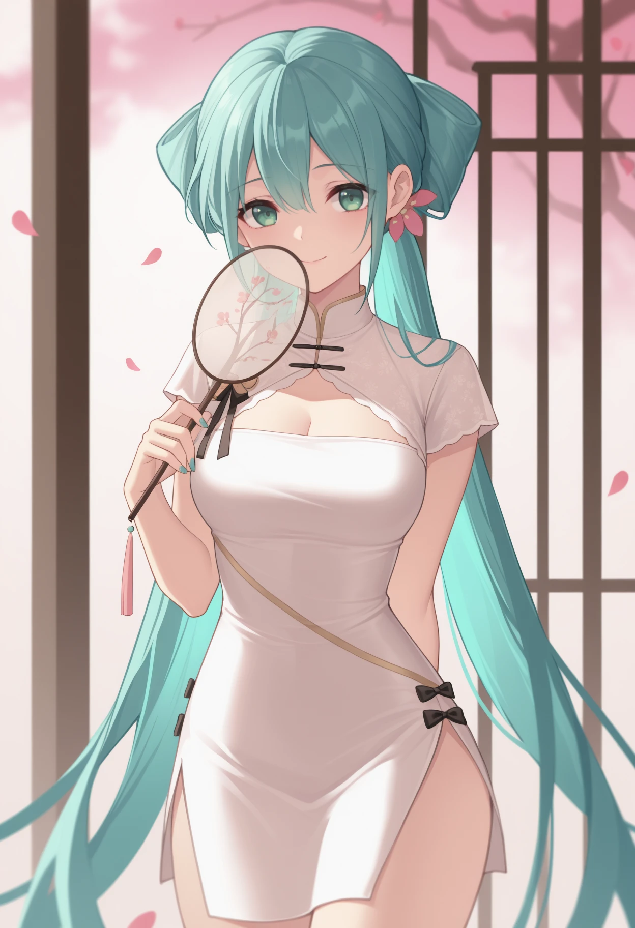 masterpiece, best quality, solo, 1girl, shaohuamiku, smile, looking at viewer, standing, holding fan, uchiwa, arm behind back, aqua hair, hair between eyes, twintails, hair flower, pink flower, green eyes, chinese clothes, short dress, white dress, china dress, cleavage cutout, short sleeves, side slit, aqua nails, falling petals
<segment:yolo-Anzhc Face seg 640 v2 y8n.pt,0.4,0.5//cid=1>