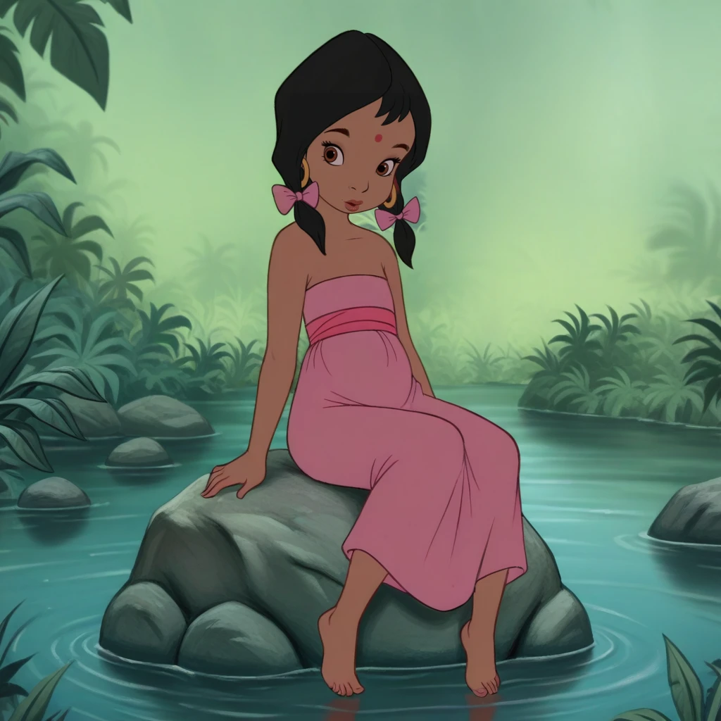 masterpiece, best quality, 1girl, solo, shanti, black hair, Twintails, brown eyes, dark skin, hair bow, hoop earrings, pink dress, strapless dress, barefoot,  sitting on rock,  <lora:Shanti_JungleBook1_illustrious_Leaf2:1>, arms at sides,