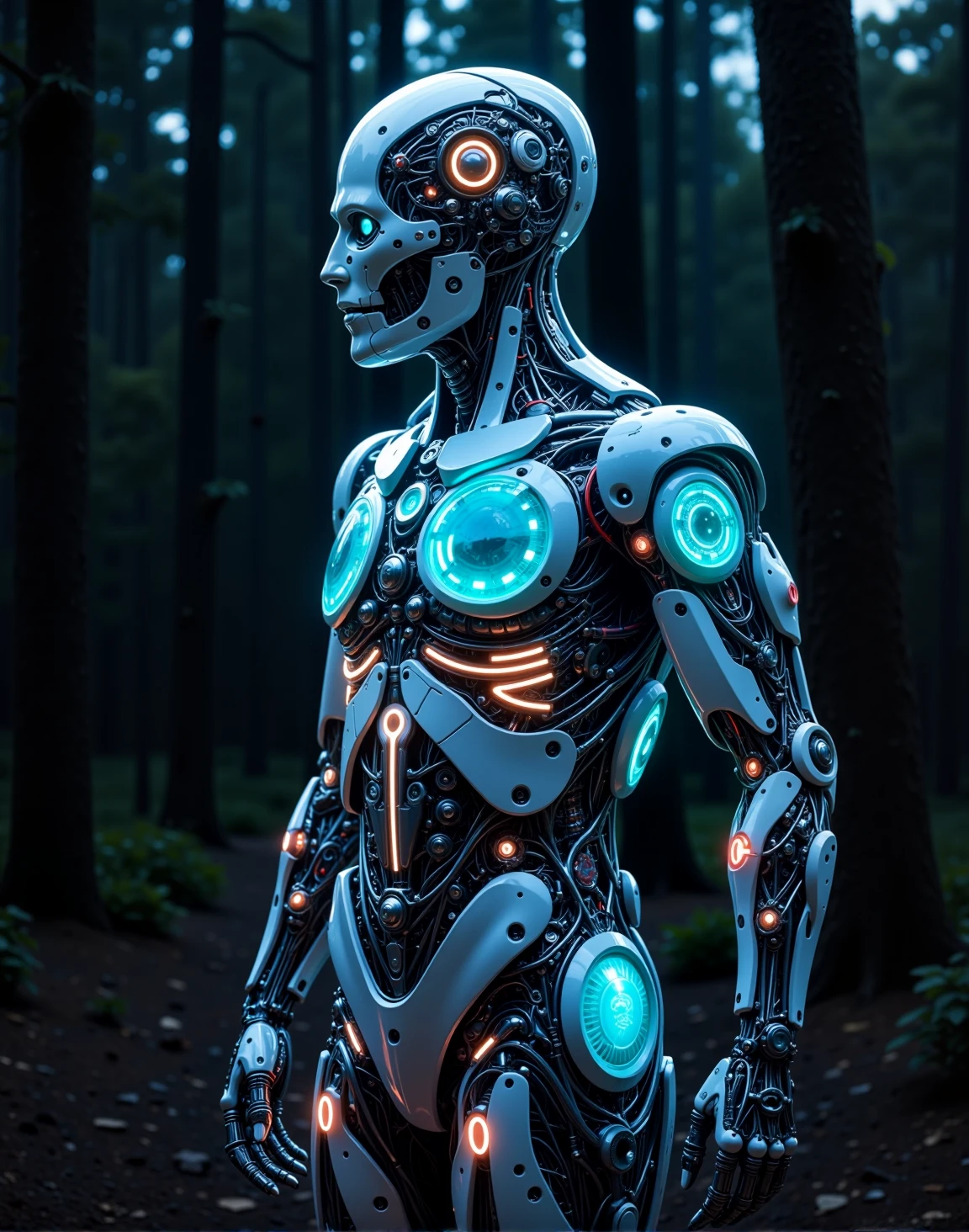 cyborgFusion, hyperrealism, high detailed, professional photo of a transparent semi-cyborg, glowing backlit panels, anatomical, dark forest, night, complex details, complex background, cyber