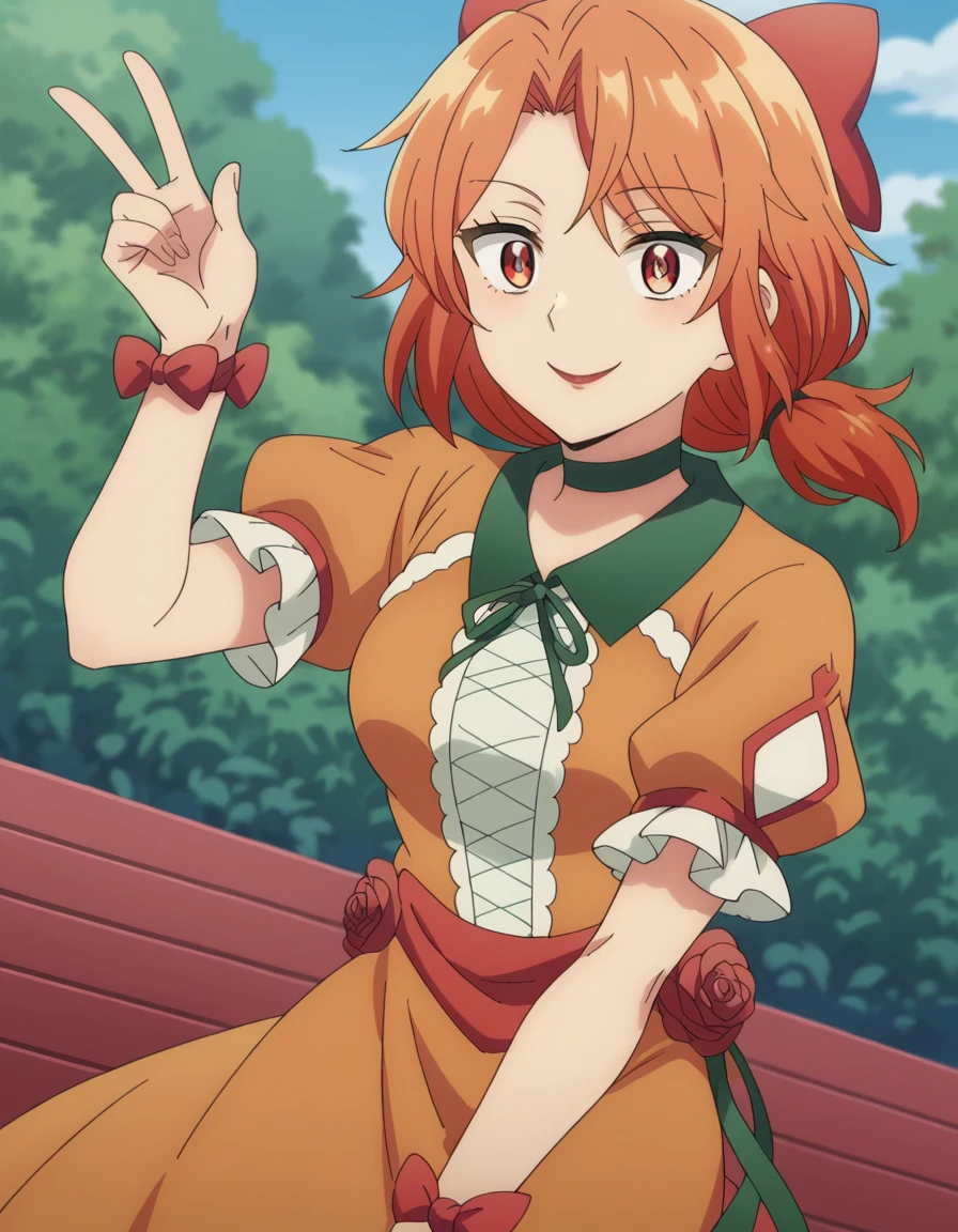 score_9, score_8_up, score_7_up, source_anime, <lora:akane-makino-s1-ponyxl-lora-nochekaiser:1>, akane makino, orange hair, medium hair, ponytail, orange eyes, mature female, medium breasts, anime screencap,, dress, flower, bow, hair bow, rose, red rose, choker, short sleeves, red flower, red bow, puffy sleeves, ribbon, puffy short sleeves, green choker, orange dress,, amphitheater, seats, outdoor, stage, large, smile, v, v over eyes,, looking at viewer, solo,, dutch angle, cowboy shot