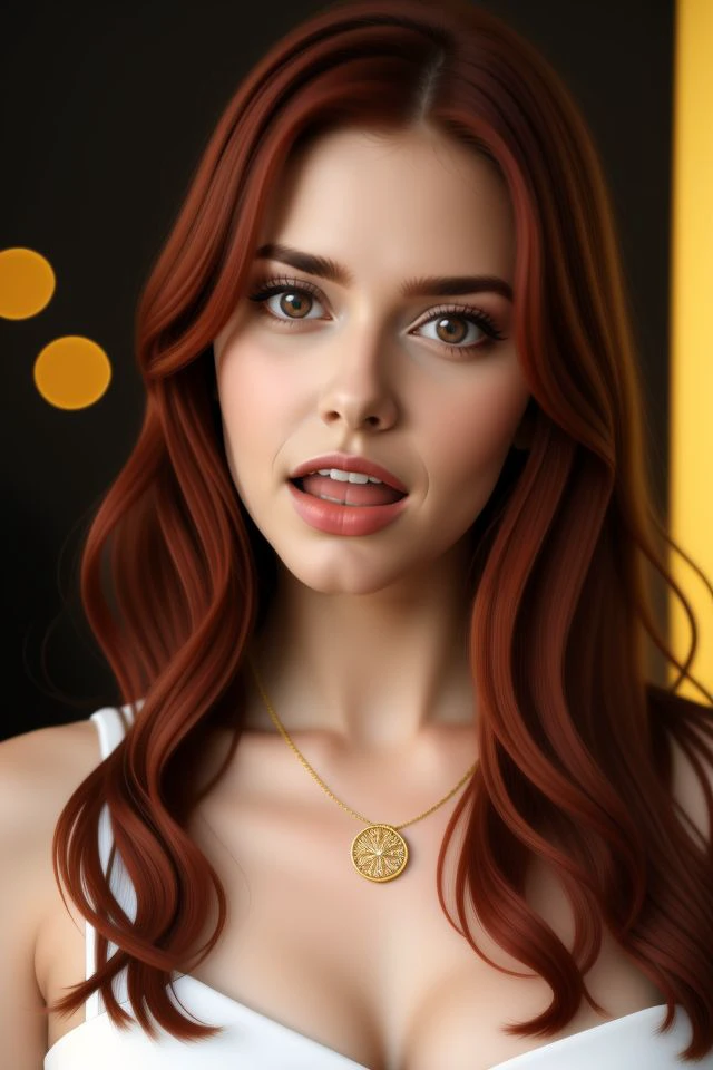 realistic, best quality, (masterpiece: 1.2),with elegant white dress, absurdities, (1 girl, solo), watercolor, a beautiful woman,young brazilian,gold necklace around the neck, shoulder, long red hair,open mouth, half-length portrait, extremely bright and bright design, ( ink: 1.3), autumn lights, looking at viewer, huge breasts, round breasts,looking at the spectator,8k, 4k<lora:GoodHands-vanilla:1>