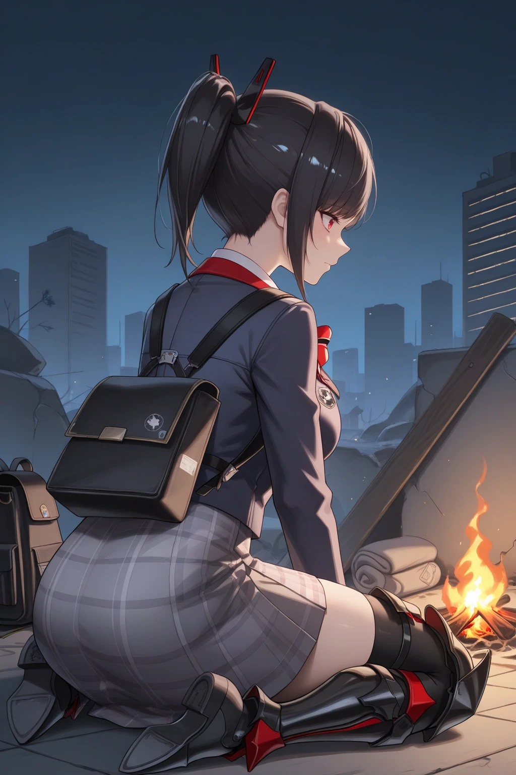 masterpiece, best quality, from behind, from side, depressed, 1girl, zwei, large breasts, red eyes, black hair, medium hair, asymmetrical bangs, sidelocks, ponytail, hair ornament, red bowtie, striped bowtie, blue jacket, cropped jacket, white collared shirt, high-waist skirt, plaid skirt, grey skirt, knee boots, armored boots, backpack, on floor, outdoors, night, city, post-apocalypse, campfire, <lora:Hoseki_Nikke_Zwei_IllustriousXL_v1:1>