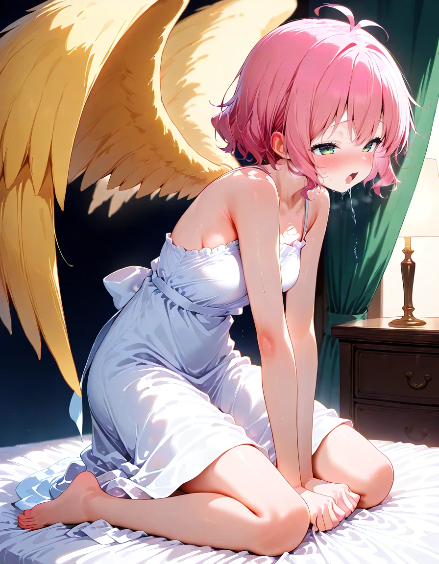 <lora:Pharpy_SDXL_Illustrious01_fp16_ver01:1>,Pharpy,1girl,green eyes, pink hair, short hair,white sundress,bare shoulders,yellow wings,barefoot,orgasm, <lora:HairintakesEraser_v01_illustrious_10steps:2>, masterpiece, best quality, very aesthetic, absurdres,<lora:detailed_hands:1>,hand