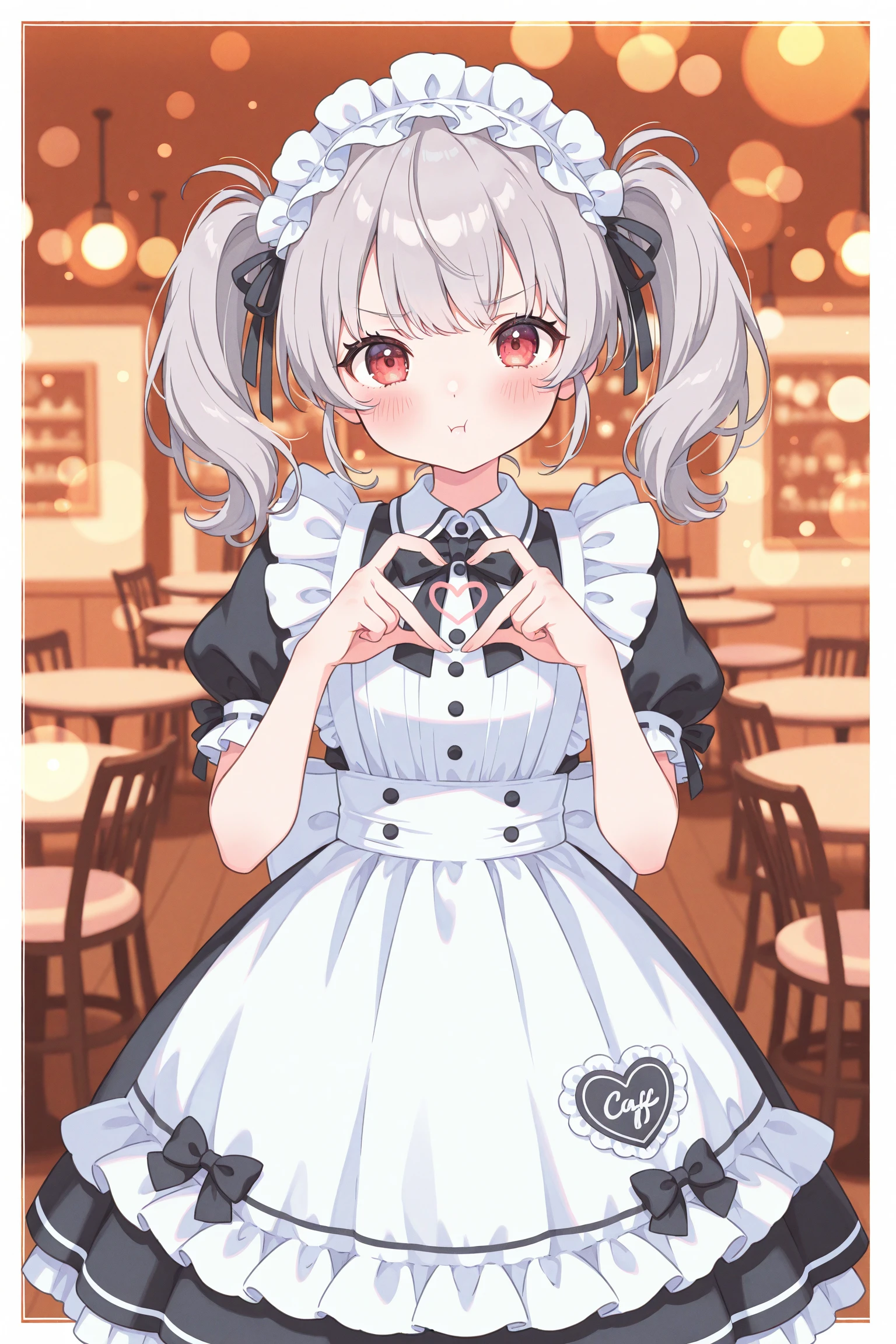 (pastelcolor:0.4),1girl,gray hair, red eyes,twintails, blush,pout,maid dress,maid headband with ruffles,heart hands,pastel hues,blurred edges,maid cafe,bokeh,front view,blurry,(depth of field:1.2),straight-on