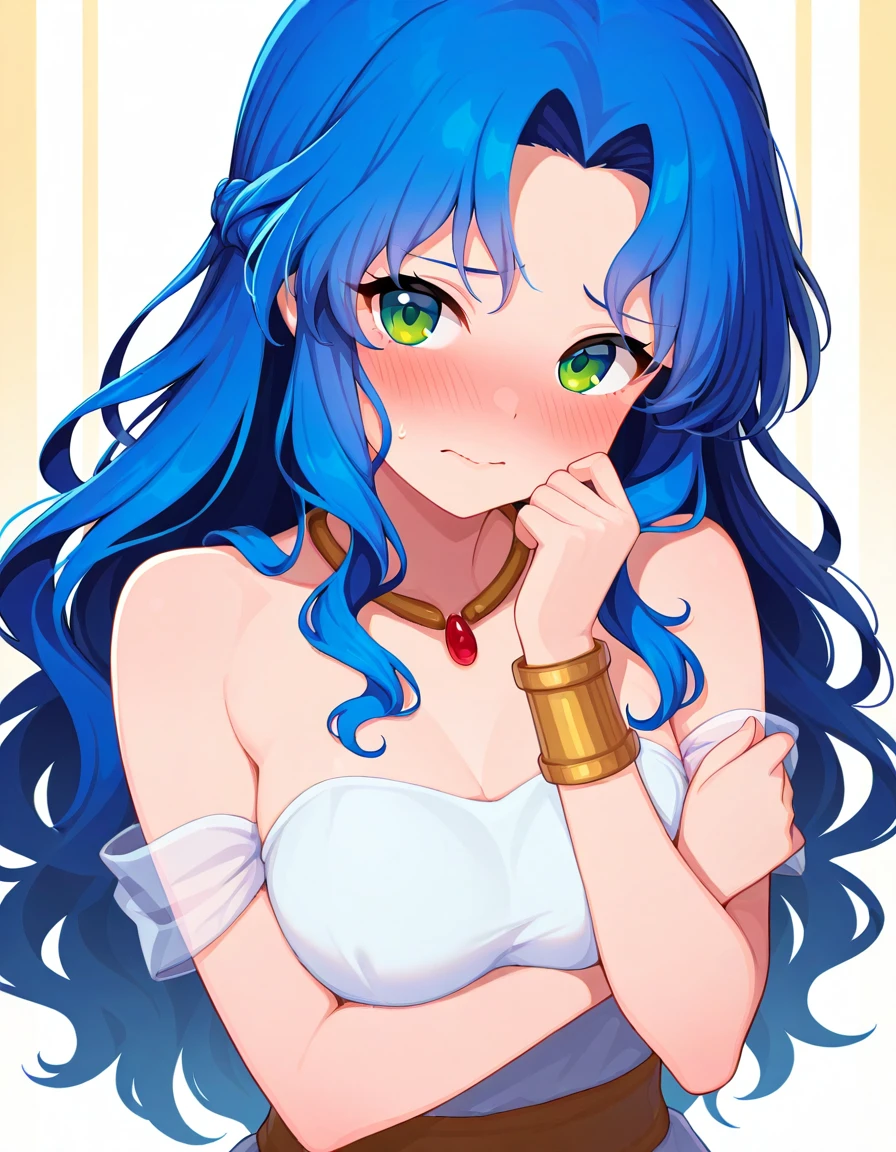 <lora:Prulue_SDXL_Illustrious01_fp16_ver01:1>,Prulue,white dress, 1girl, solo, blue hair, long hair, green eyes, upper body,necklace,bracelet, wavy hair,embarrassed,blush, <lora:HairintakesEraser_v01_illustrious_10steps:1.5>, masterpiece, best quality, very aesthetic, absurdres,<lora:detailed_hands:1>,hand