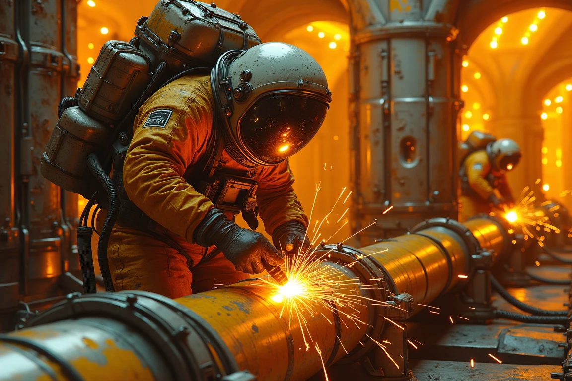 This is a highly detailed CGI image depicting a scene from a futuristic, industrial setting. The primary subject is a lone astronaut wearing a bulky, reflective, and weathered spacesuit with a helmet that covers the entire head, including the face. The suit is a mix of brown and gray tones, with a textured, slightly worn appearance, suggesting extended use. The astronaut is crouched over a large, metallic pipe, actively welding with a bright, orange-yellow arc of light emitting from the welding torch, creating a dramatic contrast against the dark, industrial environment. In the background, another astronaut is partially visible, also wearing a similar spacesuit and helmet, working on a different part of the pipe. The background is filled with glowing, warm-toned lights, creating an intense, almost surreal atmosphere. The walls and other structures are metallic and industrial, with a rough, unfinished texture, adding to the gritty, futuristic feel of the scene. The lighting is primarily warm, with a mix of orange and yellow hues dominating, emphasizing the intense, high-energy activity of the scene. The image captures the tension and focus required for such a task in a harsh, alien environment.