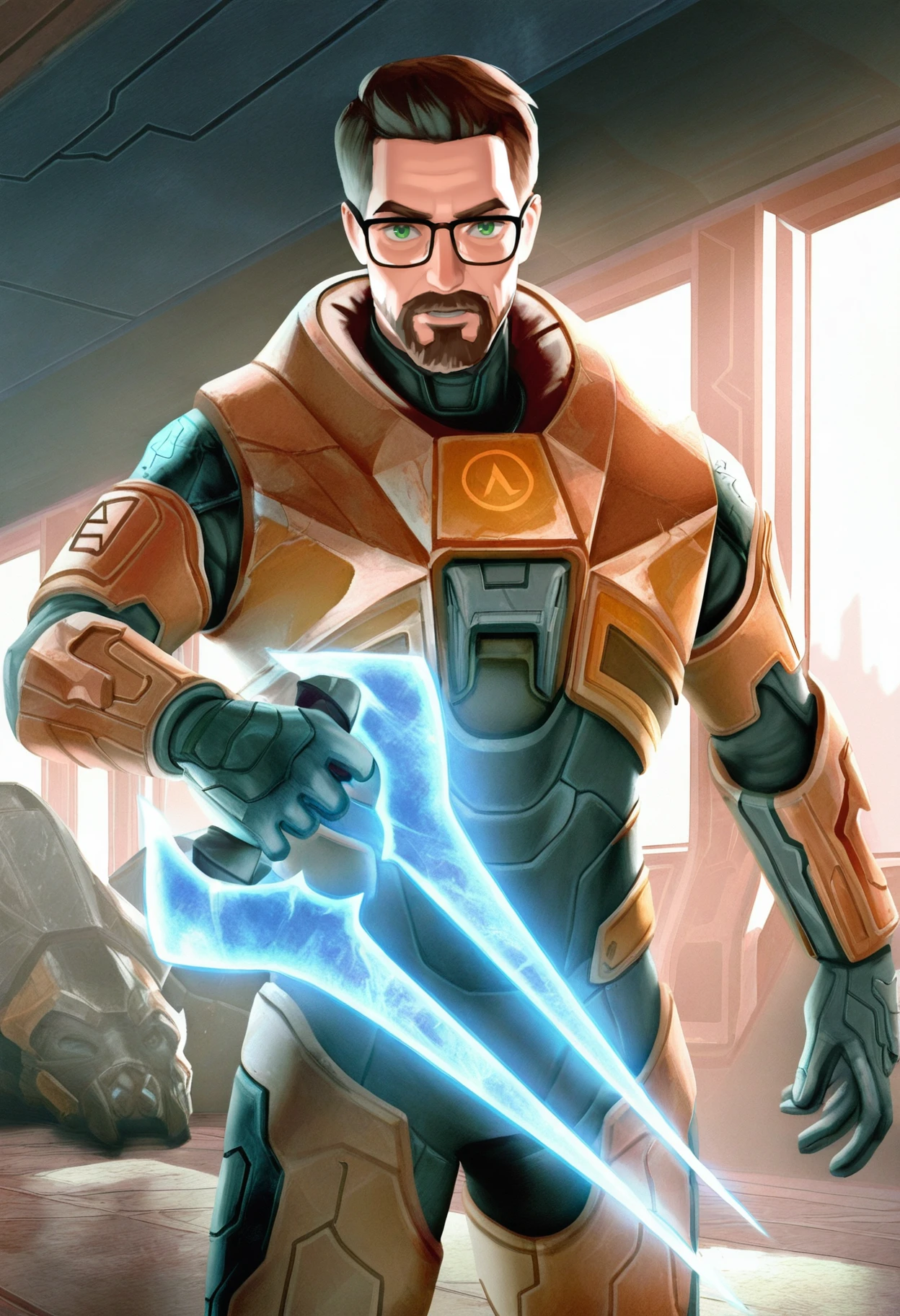 masterpiece, best quality, hires, absurdres, newest, <lora:energysword-halo-richy-v1_ixl:1> energy weapon, blue weapon, glowing weapon, holding weapon, <lora:gordonfreeman-hl-richy-v1_ixl:1> gordonfreeman, brown hair, short hair, facial hair, glasses, green eyes, power armor, standing, indoors, science fiction, 1boy, solo, male focus