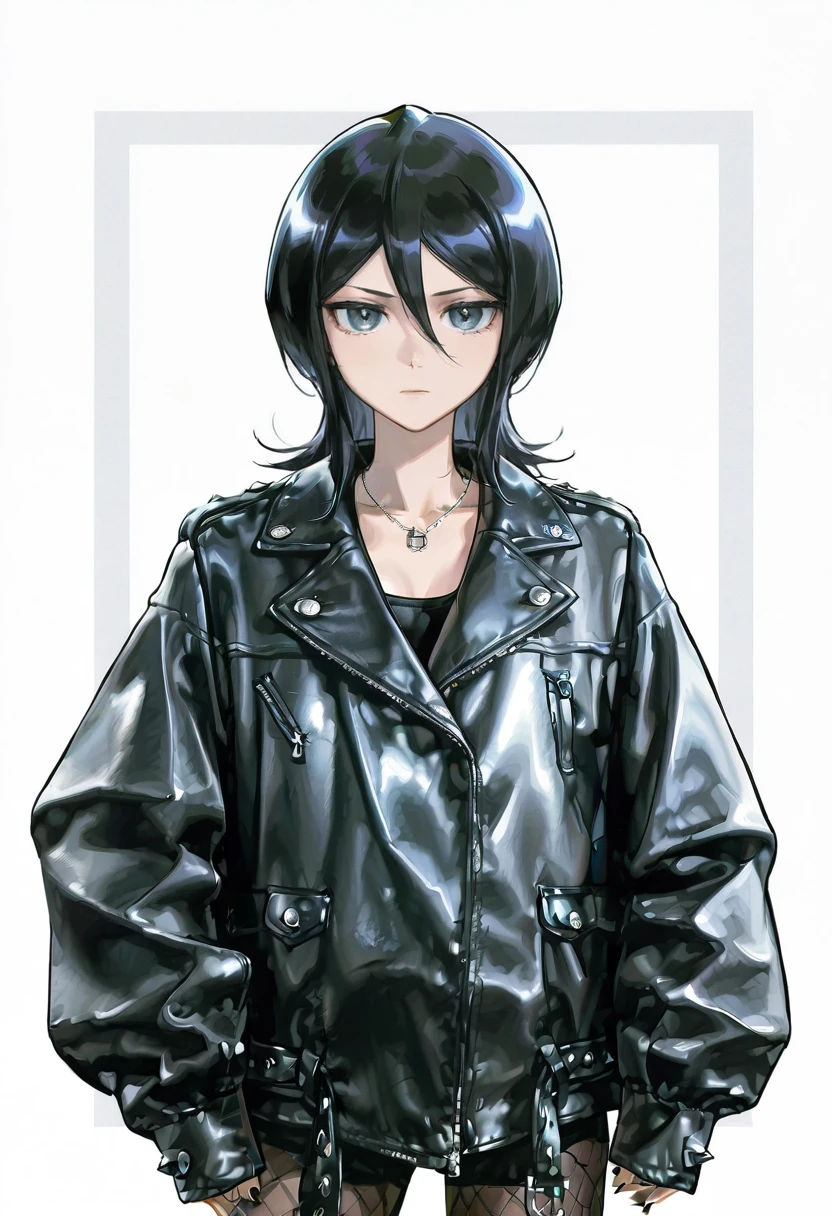 1girl,solo,looking at viewer,ikeda ruriko,oversized leather jacket, kuchiki_rukia