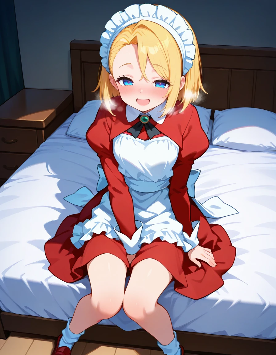 <lora:Pkikimora_SDXL_Illustrious01_fp16_ver02:1>,Pkikimora, 1girl, blue eyes, blonde hair, maid headdress, apron,P4dress,long sleeves, socks,red shoes,brooch,smile,on bed,sitting,heavy breathing,in heat,open mouth, newest, masterpiece, best quality, very aesthetic, absurdres,<lora:detailed_hands:1>,hand