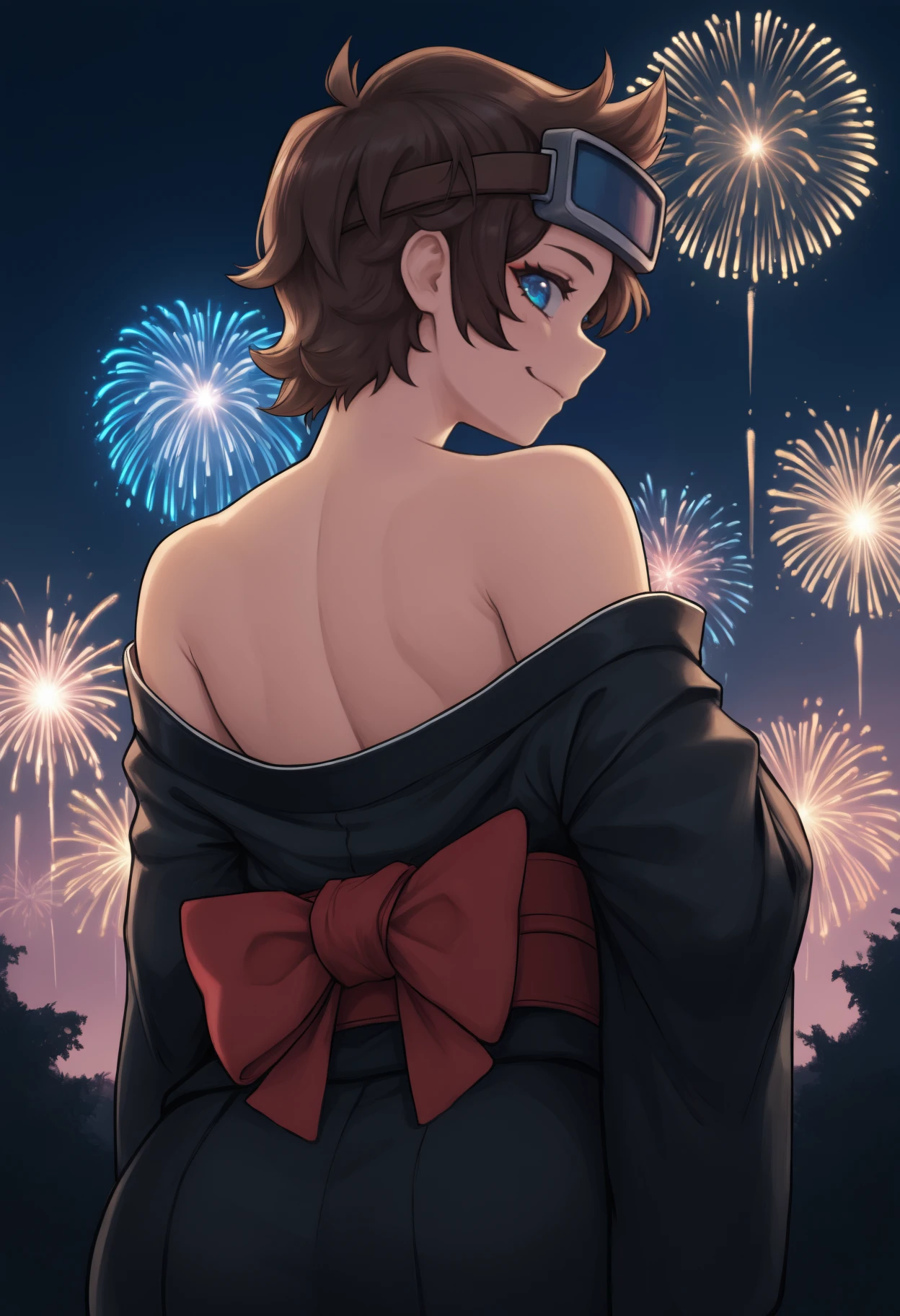 masterpiece, best quality, from behind, solo, 1girl, nknp, smile, looking back, short hair, brown hair, goggles on head, blue eyes, japanese clothes, black kimono, off shoulder, red sash, bare shoulders, outdoors, night, fireworks
<segment:yolo-face_yolov8m.pt,0.4,0.5//cid=1>